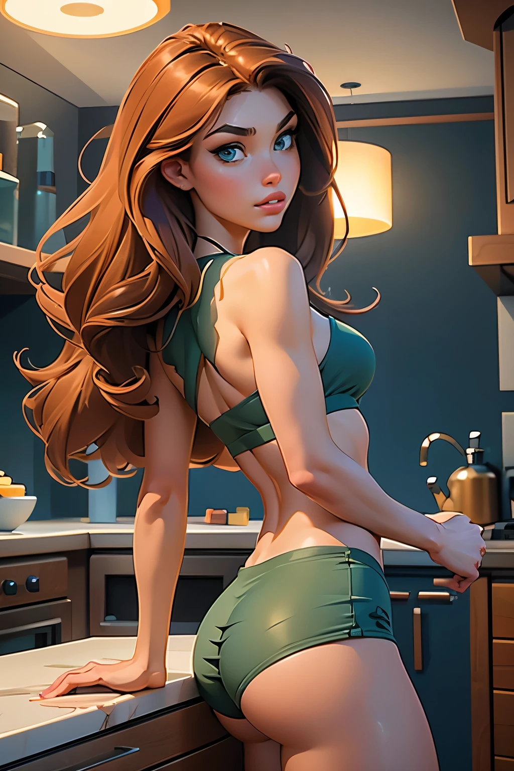 Masterpiece, beautiful art, professional artist, 8k, very detailed face, very detailed hair, 1girl, Kim Possible, wearing tight pajama shorts and tight pajama halter top, cameltoe view, leaning her sexy ass against kitchen counter, perfectly drawn body, beautiful face, long hair, very detailed eyes, biting her lip suggestively, rosey cheeks, intricate details in eyes, looking straight at viewer , in love with viewer expression, puckered lips, perfect fit body, wide hips, small waist, thick thighs, firm abs, beautiful body,  (8k, best quality, masterpiece:1.2), ultra-detailed, physically-based rendering, ultra high res, kodakvision color, shot on Arricam LT Camera, bokeh, sharp focus, extremely detailed face, absurdres, incredibly absurdres, perfect female body, fit body, slender, gorgeous hair, perfect anatomy, anatomically correct.