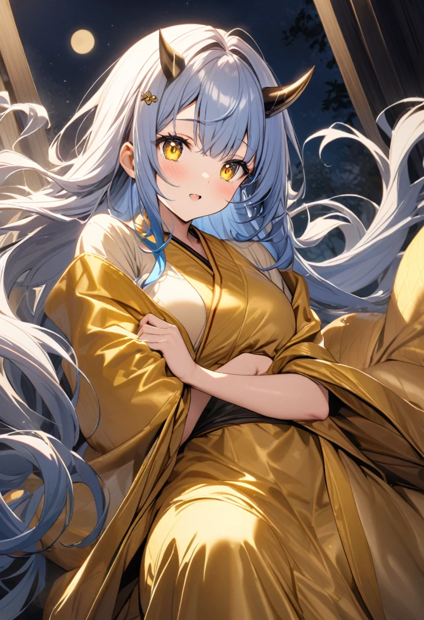 Cute white and blue kimono, flowing hair, yellow eyes, black diamond-shaped horn-like hairpins, golden silk comforter, moonlight,