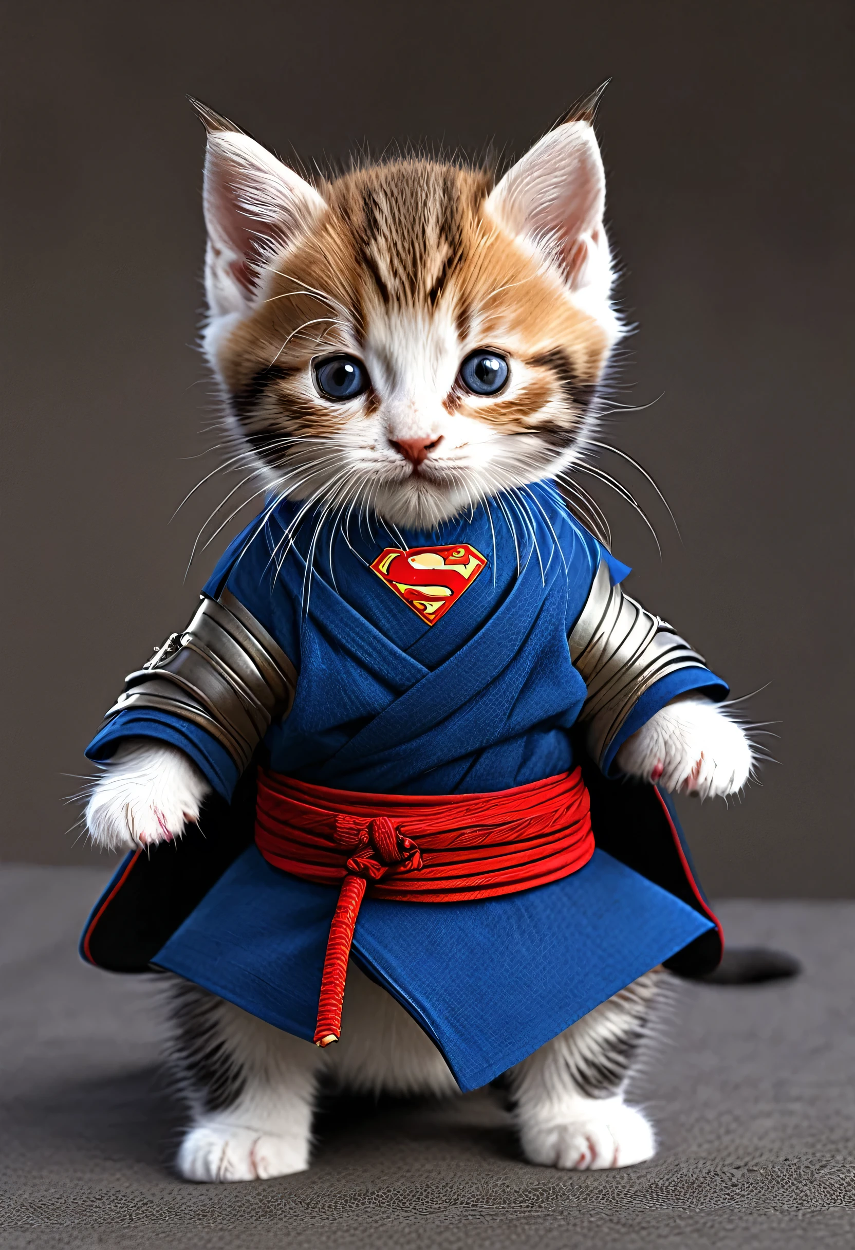there is a litle kitten that is dressed in a samurai vs superman, aww, cute and adorable, miniature kitten, cute and lovely, cute kitten, beautiful and cute, incredibly cute, adorable and cute, aww, ultra realistic!!!, ultra realistic picture, kitten, cute and cuddly, adorably cute, beautiful and realistic, cute adorable.