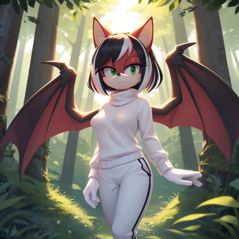 sonic_(series), red bat, (((mobian))), ((thin body, supermodel figure, thin)), (wings, batwings) (black hair, (red fur), (pixie cut, (white highlights)), ((green eyes)), medium breasts, (white sweater, blue trackpant, white gloves), forest background, trees, foliage, cute, masterpiece, 4k, high quality, studio quality, detailed, insanely detailed, extreme detail, refined detail, perfect detail, max detail