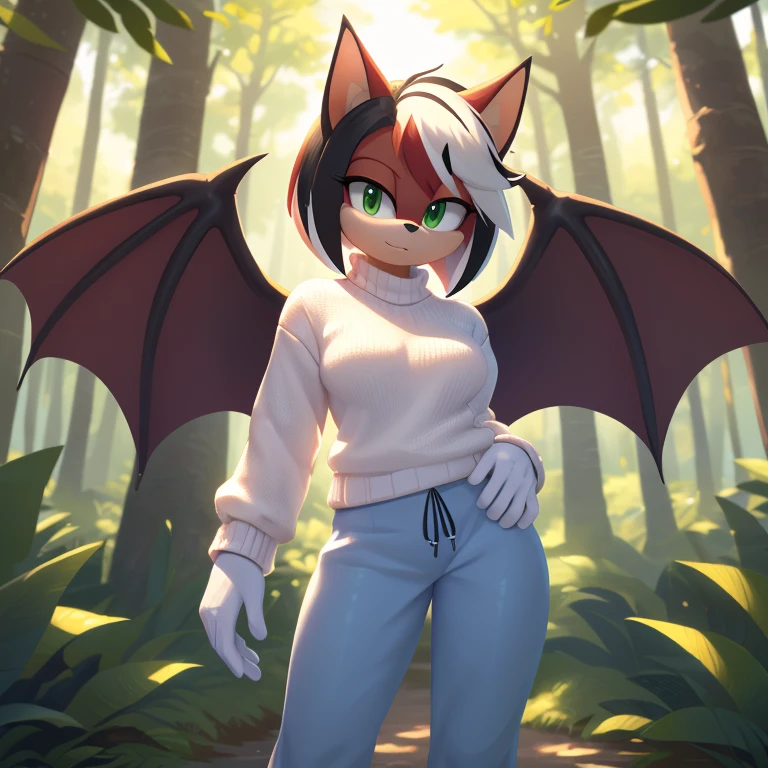sonic_(series), red bat, (((mobian))), ((thin body, supermodel figure, thin)), (wings, batwings) (black hair, (red fur), (pixie cut, (white highlights)), ((green eyes)), medium breasts, (white sweater, blue trackpant, white gloves), forest background, trees, foliage, cute, masterpiece, 4k, high quality, studio quality, detailed, insanely detailed, extreme detail, refined detail, perfect detail, max detail