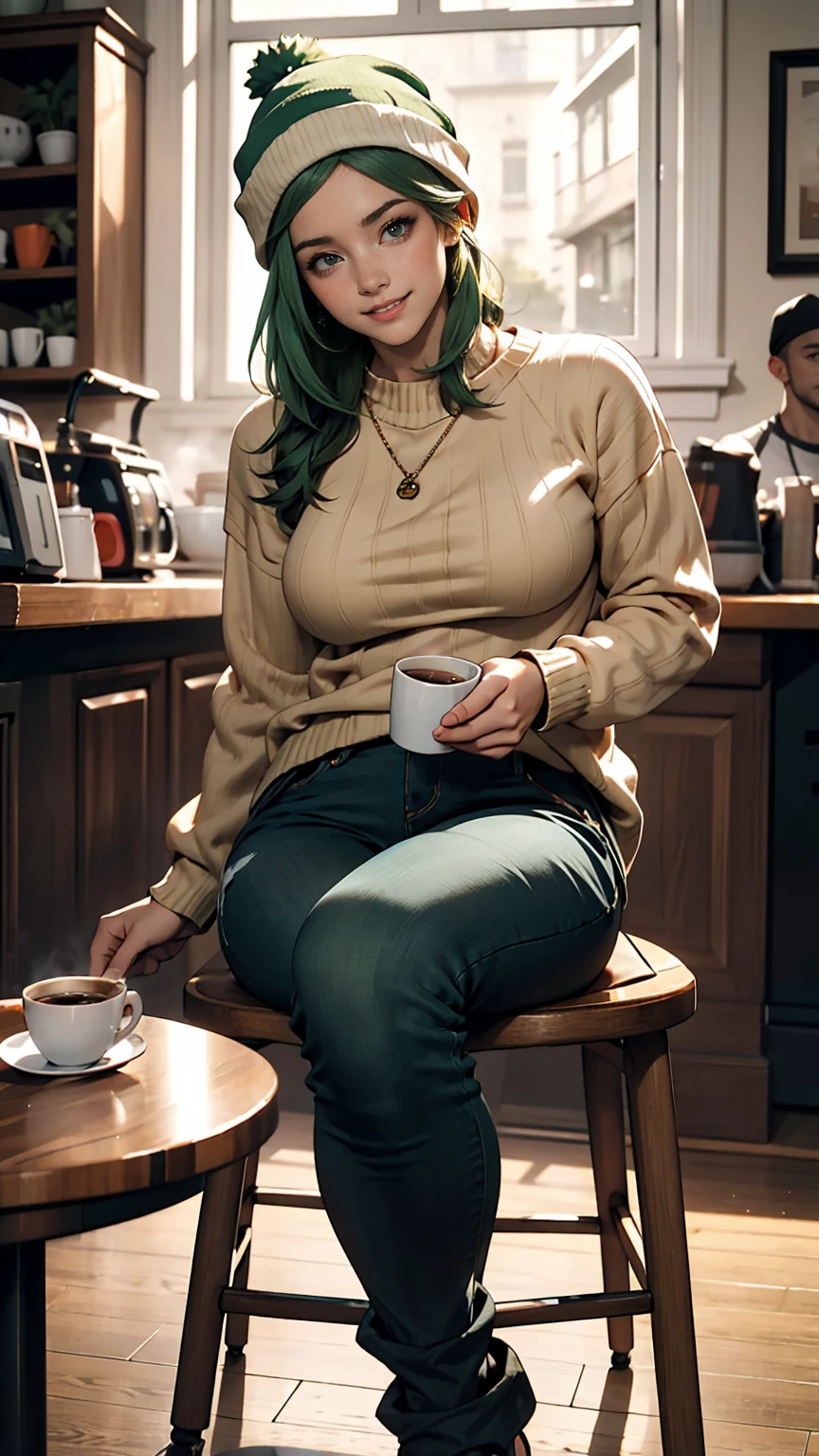 One girl, alone, coffee shop, Green Hair, Beanie, sweater, jeans, Sitting in a chair, Dynamic pose, indoor, 、smile
