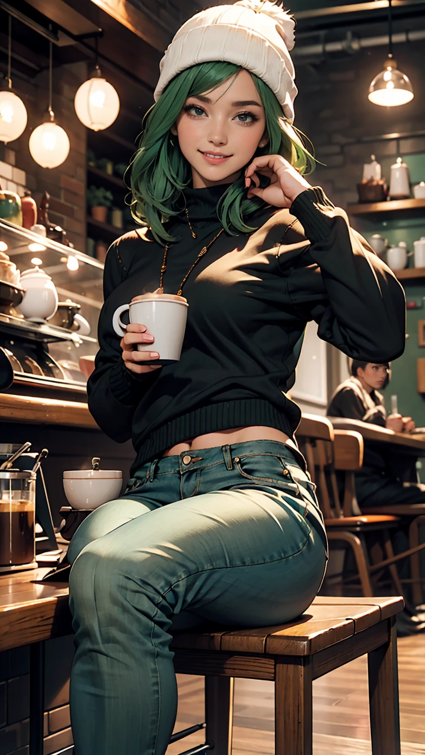 One girl, alone, coffee shop, Green Hair, Beanie, sweater, jeans, Sitting in a chair, Dynamic pose, indoor, 、smile