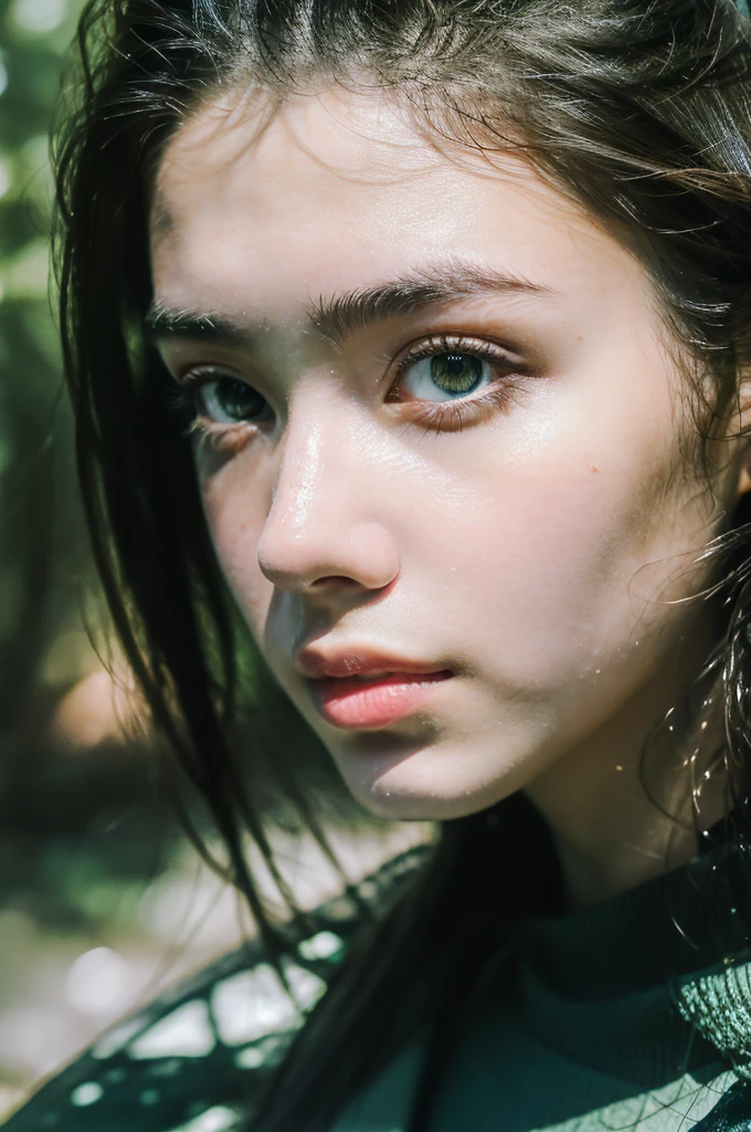 ( masterpiece, top quality, best quality,8k, girl,ultra detailed,raw photo:1.5),(photorealistic:1.4),(cinematic lighting), PerfectNwsjMajic, , Surrealism, UHD, ccurate, Super detail, textured skin, High detail, Best quality, dynamic angle, (high nose,White skin),[Beautiful blue eyes],[flat chest:large breasts:0.5],(1girl),(good anatomy:0.5)),detailed skin,detailed face,detailed eyes, beautiful japanese girl, in the deep forest, (fog:1.2), raining, puddle, mist, water, pour down, many trees, shiny skin , blackhead 