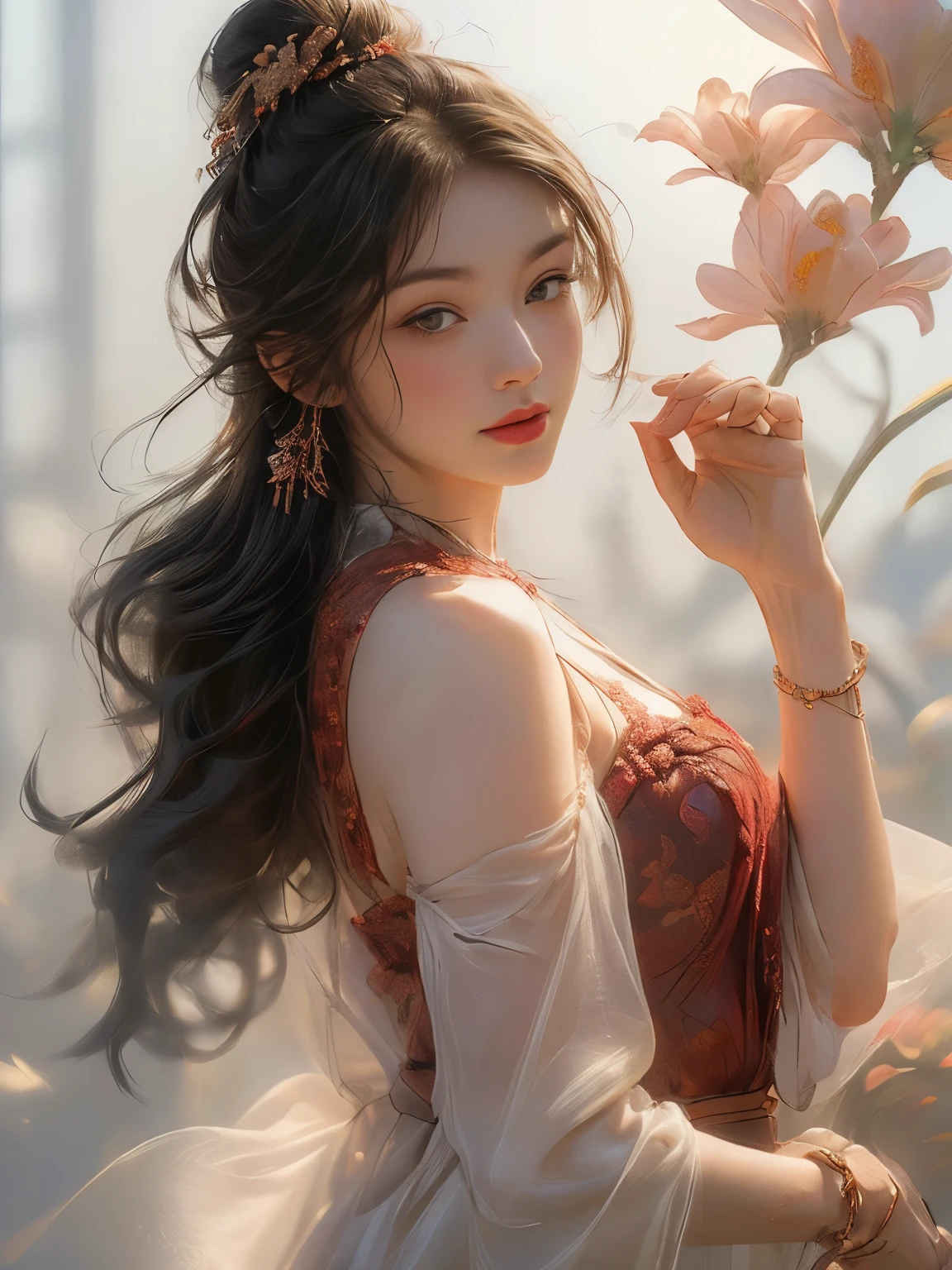 (8k, highest quality, masterpiece)，{Realistic, RAW Photos, Super Fine Clear, portrait, (Influenced by impressionist paintings, vermeer's style, monet's style:1.6)}, Realistic Light, Detailed skin, (1 beautiful lady with a slim body, Age 25, princess:1.5), Thin legs, fine grain, Long white hair, Detailed fingers, thin, Sexual, Expressions of Ecstasy, (huge bouncing firm bust:1.4), (Crimson color dress:1.2),(The chest of dress is widely open;1.6), Exposing the breasts, (Shangria, Flower Storm:1.8), wide beautiful scenery, (mountain side, river side:1.5), (many animals and birds:1.2)