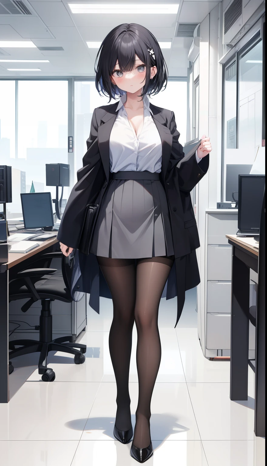 One Girl、positive、Standing posture、Full body portrait、Black Hair、Medium Haircut、blush、Absolute area、Black knee-high socks、Knee-length、stockings、Black Pantyhose、White underwear、Light blue shirt、Blue-gray business suit、Grey tight mini skirt、Japanese office lady、Summer clothes、office、Daytime、(Very large breasts)、Cleavage、open chest shirt、((Lesbians all over))、masterpiece、(highest quality)、
Panties around the ankles、Black high heels