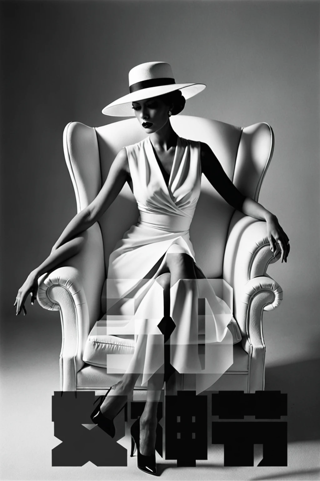 there is a woman sitting on a chair with a hat on, inspired by Lillian Bassman, sitting in an armchair, inspired by Germaine Krull, sitting on an armchair, shrouded figure, sitting in a chair, sitting in a lounge, sitting in chair, sitting in fancy chair, inspired by Carrie Mae Weems, sitting in a plastic throne, seated