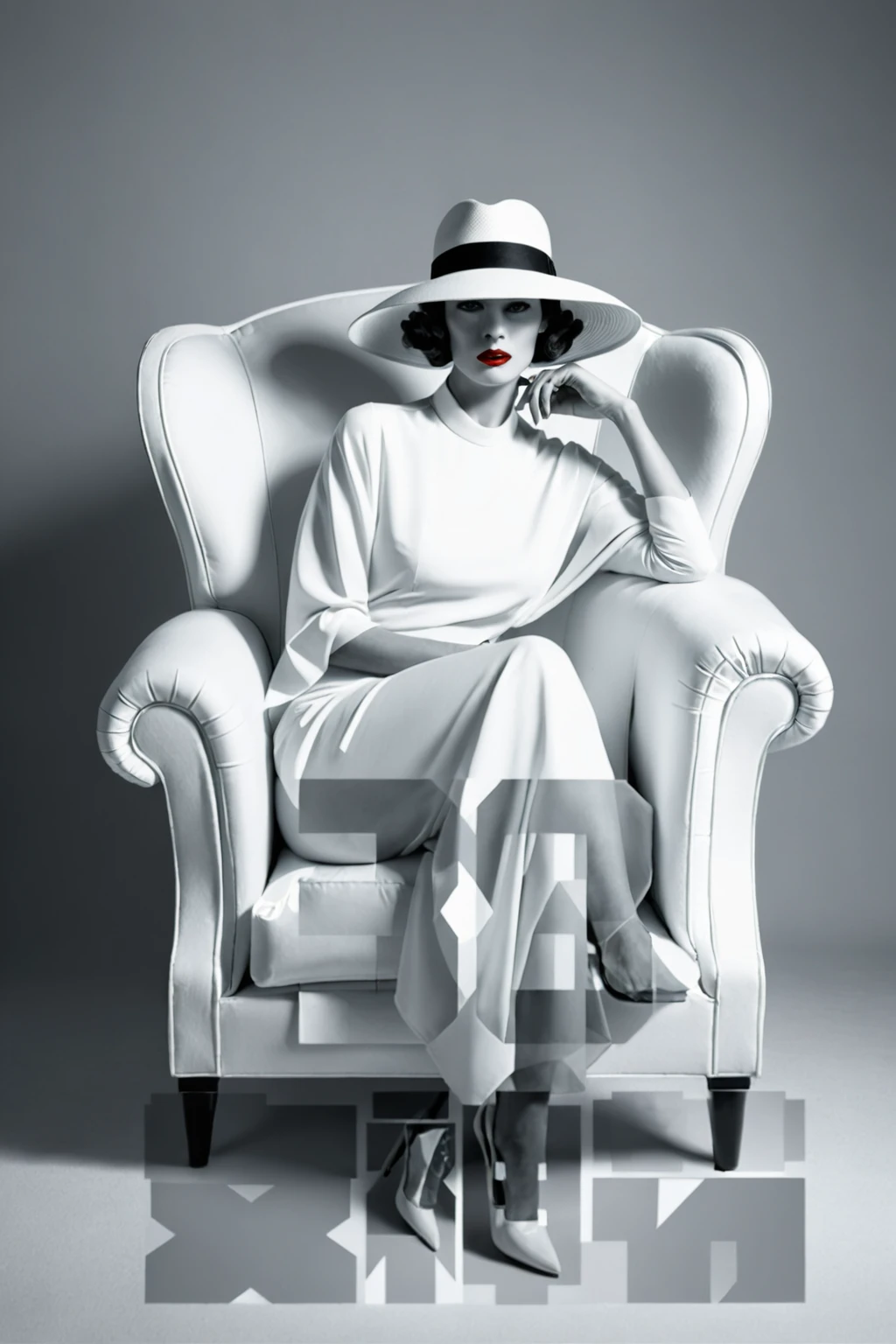 there is a woman sitting on a chair with a hat on, inspired by Lillian Bassman, sitting in an armchair, inspired by Germaine Krull, sitting on an armchair, shrouded figure, sitting in a chair, sitting in a lounge, sitting in chair, sitting in fancy chair, inspired by Carrie Mae Weems, sitting in a plastic throne, seated