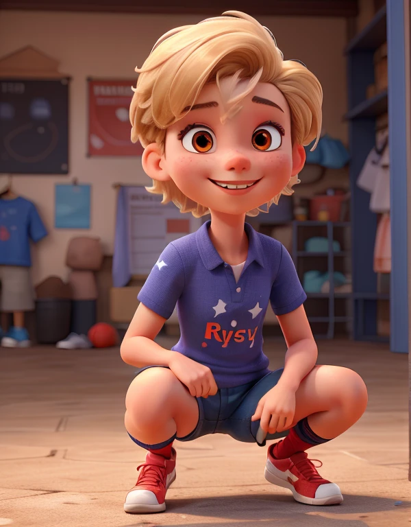 3d character, 1girl, dark ebony tomboy with very short blonde hair with a red eye color, thin nose, front position with a thin body, full body and smiling, tomboy, blue sport shirt, red sport short, socks, sneakers, squatting,