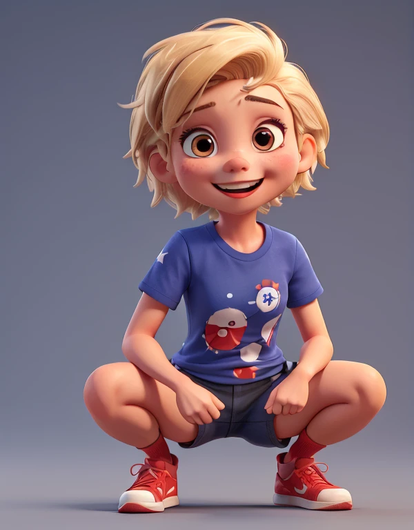 3d character, 1girl, dark ebony tomboy with very short blonde hair with a red eye color, thin nose, front position with a thin body, full body and smiling, tomboy, blue sport shirt, red sport short, socks, sneakers, squatting, 