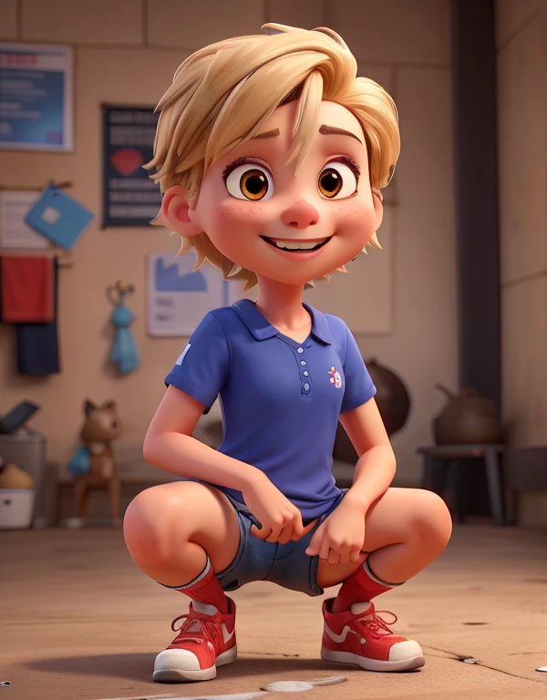 3d character, 1girl, dark ebony tomboy with very short blonde hair with a red eye color, thin nose, front position with a thin body, full body and smiling, tomboy, blue sport shirt, red sport short, socks, sneakers, squatting,
