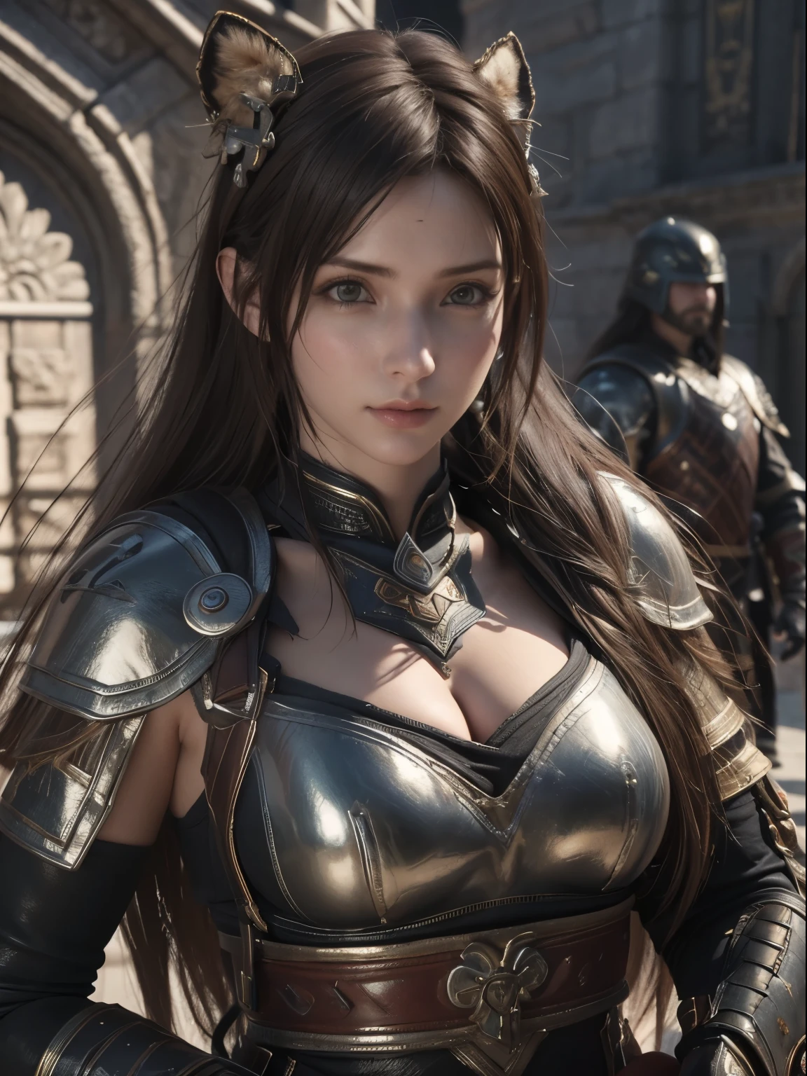 Game art，The best picture quality，Highest resolution，8K，(A bust photograph)，(Portrait)，(Rule of thirds)，Unreal Engine 5 rendering works， (The Girl of the Future)，(Female Warrior)， 
20-year-old girl，((Hunter))，An eye rich in detail，(medim breasts)，Elegant and noble，indifferent，brave，
（Medieval-style fur combat clothing，Glowing magic lines，Animal skin clothing with rich detailedieval Lady Knight，Medieval ranger，
Photo poses，Simple background，Movie lights，Ray tracing，Game CG，((3D Unreal Engine))，oc rendering reflection pattern