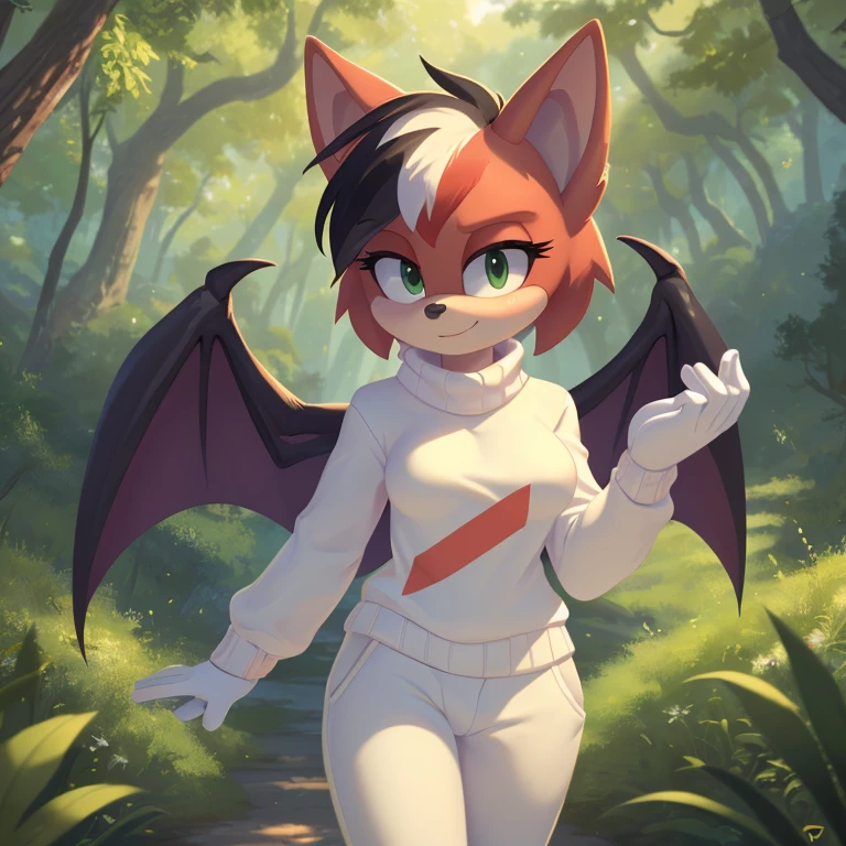 sonic_(series), red bat, (((mobian))), ((thin body, supermodel figure, thin)), (wings, batwings) (black hair, (red fur), (pixie cut, (white highlights)), ((green eyes)), medium breasts, (white sweater, blue trackpant, white gloves), forest background, trees, foliage, cute, masterpiece, 4k, high quality, studio quality, detailed, insanely detailed, extreme detail, refined detail, perfect detail, max detail