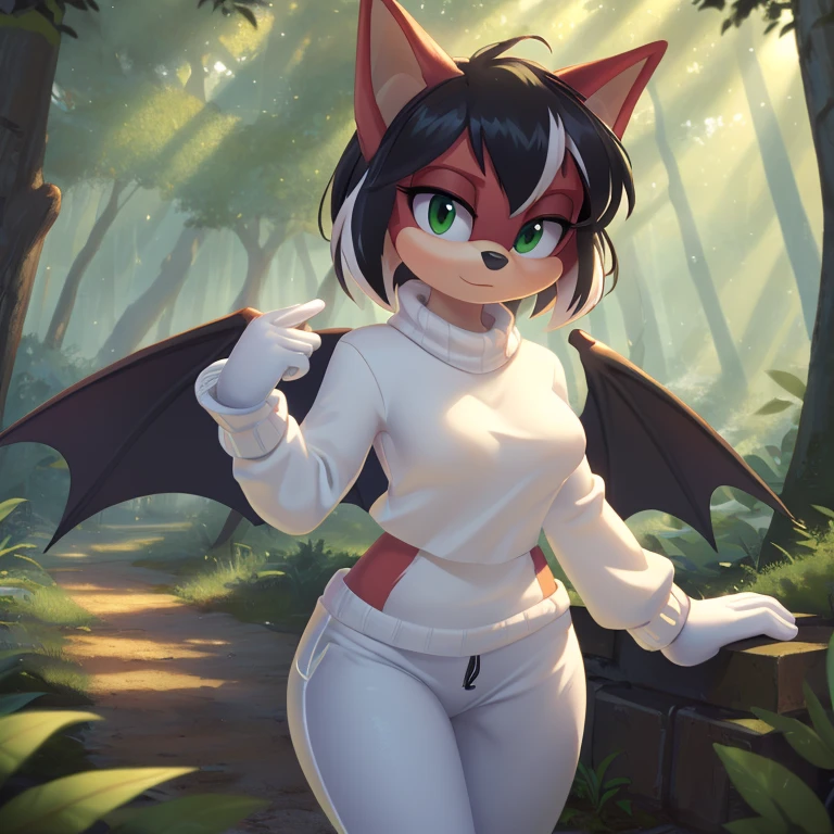 sonic_(series), red bat, (((mobian))), ((thin body, supermodel figure, thin)), (wings, batwings) (black hair, (red fur), (pixie cut, (white highlights)), ((green eyes)), medium breasts, (white sweater, blue trackpant, white gloves), forest background, trees, foliage, cute, masterpiece, 4k, high quality, studio quality, detailed, insanely detailed, extreme detail, refined detail, perfect detail, max detail