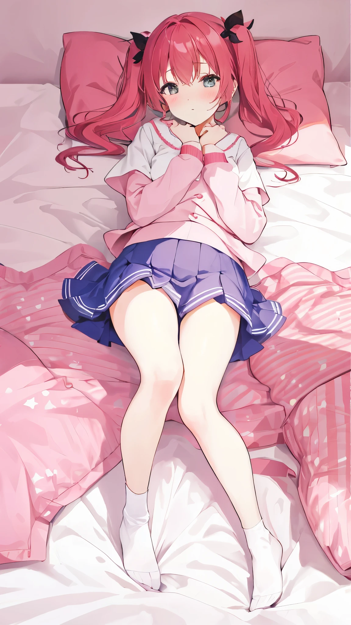 Twin tails,On the bed,((lie on one’s back)),(Embarrassing),full body,(overhead shot)