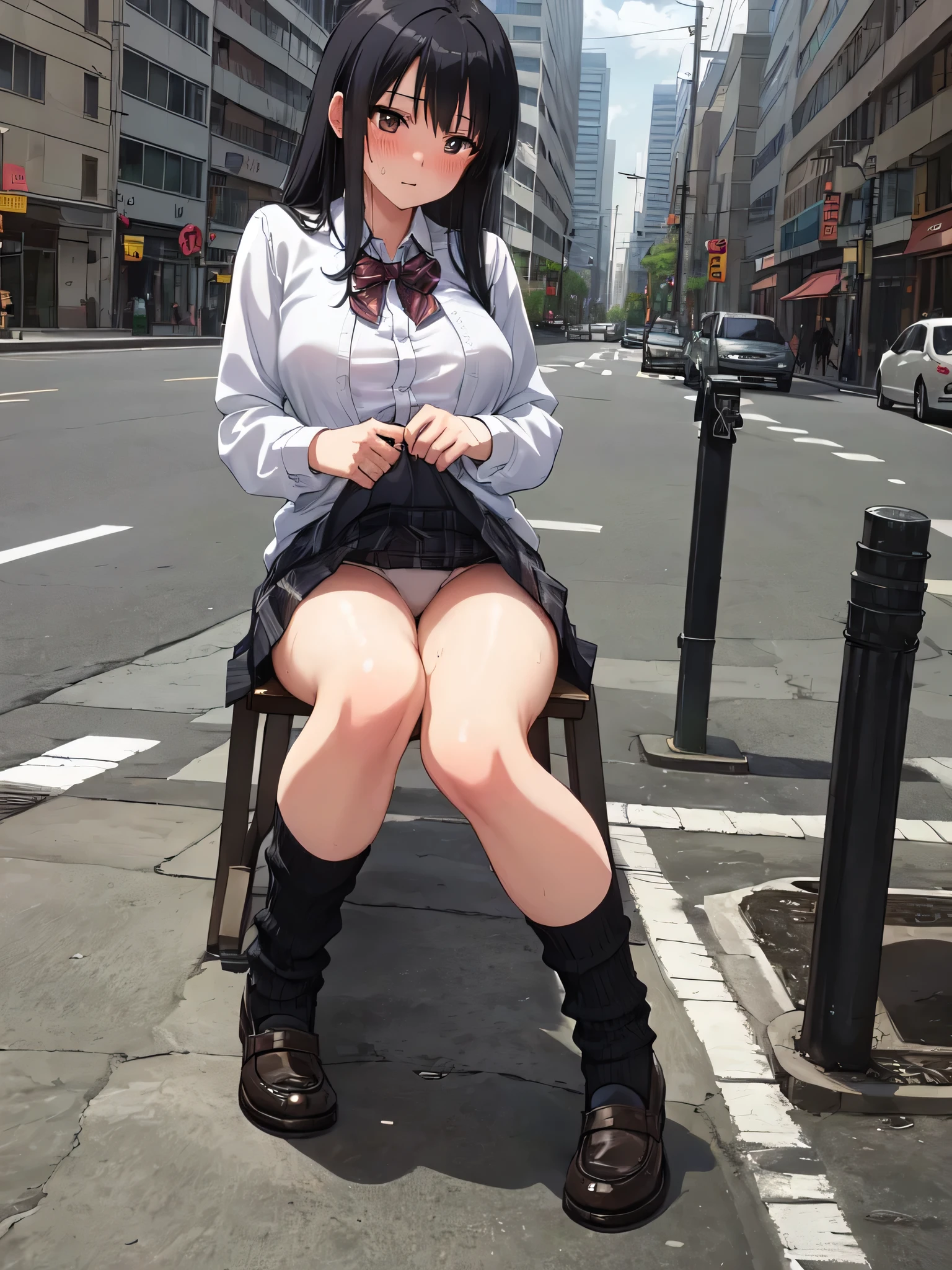 (Masterpiece:1.2), (high quality), (pixiv:1.4), (anime:1.4), wearing underwear, panties, loose socks, black hair, buttocks, brown eyes, blue skirt, solo, blazer type , panties, loose socks, black hair, lifting clothes, brown eyes, blue skirt, pure gaze, miniskirt, herself lift, plaid skirt, kawaii, blush,((large breasts)), (heart-shaped pupils), (sweat), Long hair, Physical education sitting, beauty legs, ((in the city))