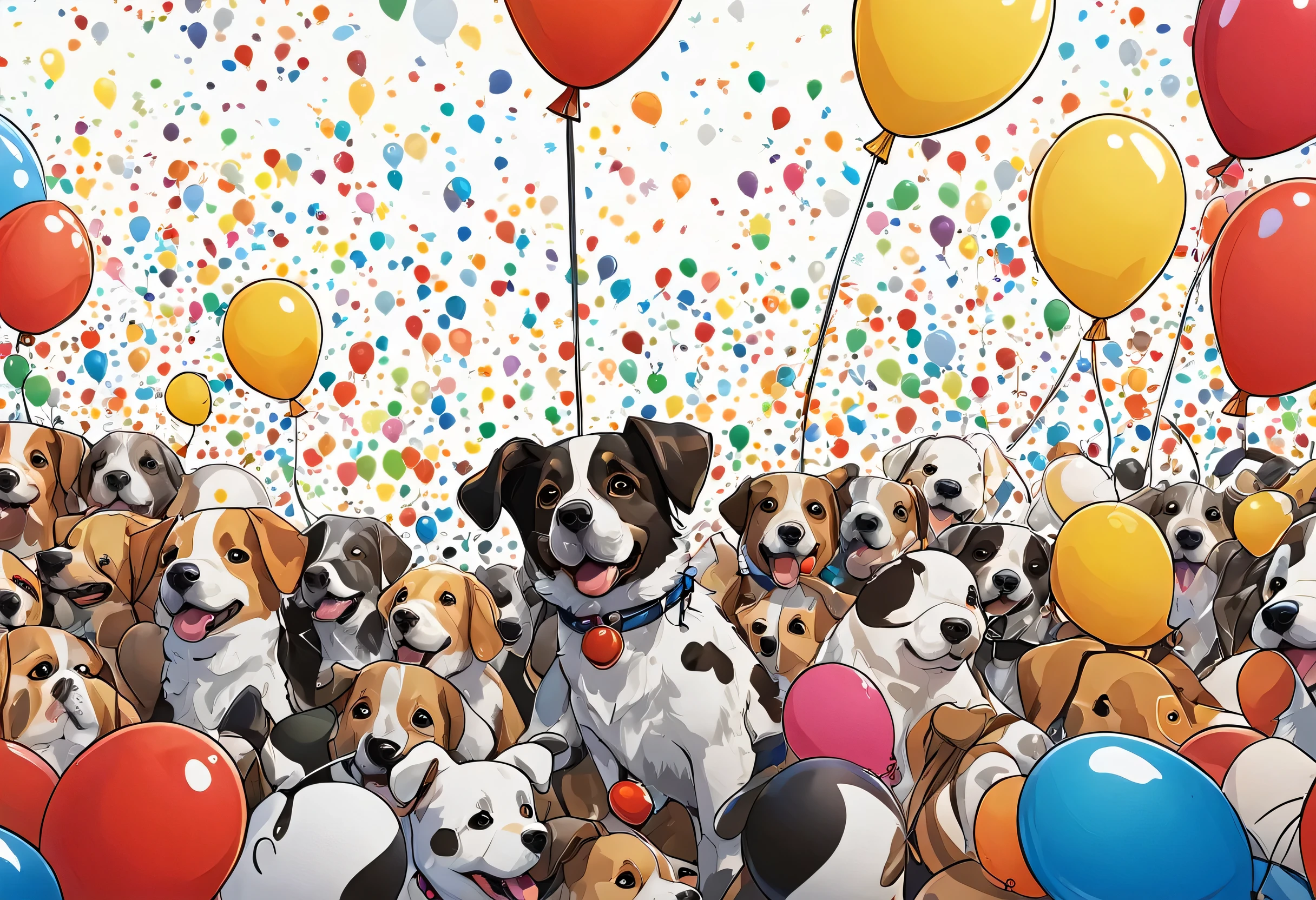 a close up of a group of dog with balloons and balloons, Official Artwork, Official Art, Official illustrations, Cute and detailed digital art, dog, Japanese dog, Cute and detailed artwork, high detailed Official Artwork, 4k yen!!!, Very crowded, 4K!