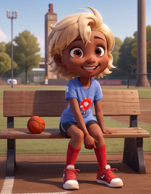 3d character, 1girl, dark ebony skin, tomboy with very short blonde hair with a red eye color, thin nose, front position with a thin body, full body and smiling, tomboy, blue sport shirt, red sport short, socks, sneakers, sitting in a bench , sports park, 