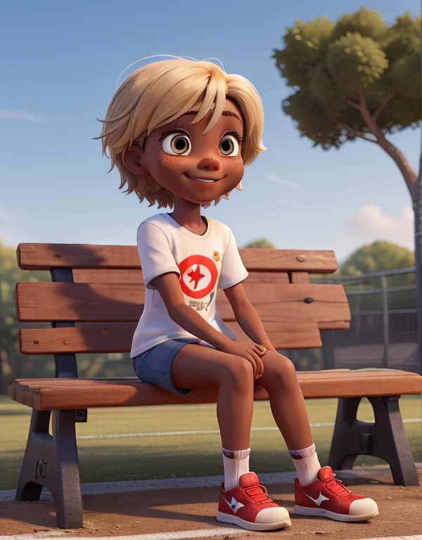 3d character, 1girl, dark ebony skin, tomboy with very short blonde hair with a red eye color, thin nose, front position with a thin body, full body and smiling, tomboy, blue sport shirt, red sport short, socks, sneakers, sitting in a bench , sports park,