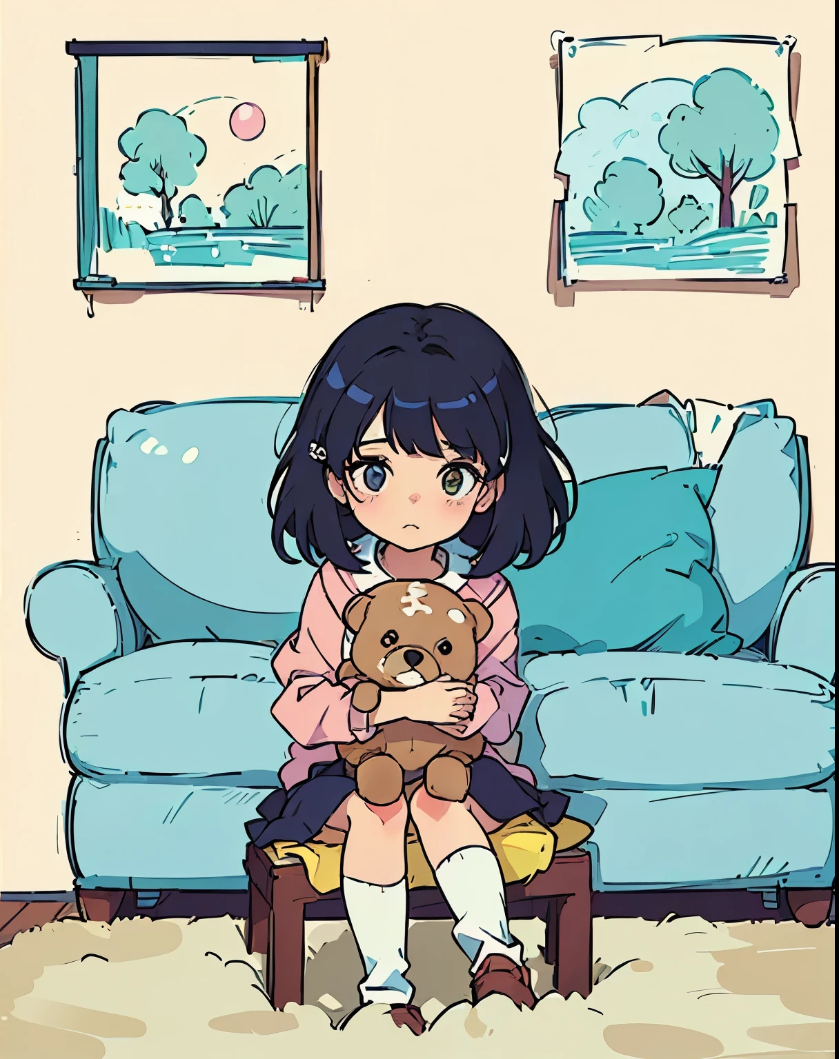 Anime girl sitting on a chair holding a teddy bear, Sitting in her room, Lovely art style, Anime style, Anime style, Anime visuals of cute girls, Cute anime, Anime cute art style, Lo-Fi Girl, 80s anime art style, Sitting on the sofa, Anime art style, Sitting on the sofa