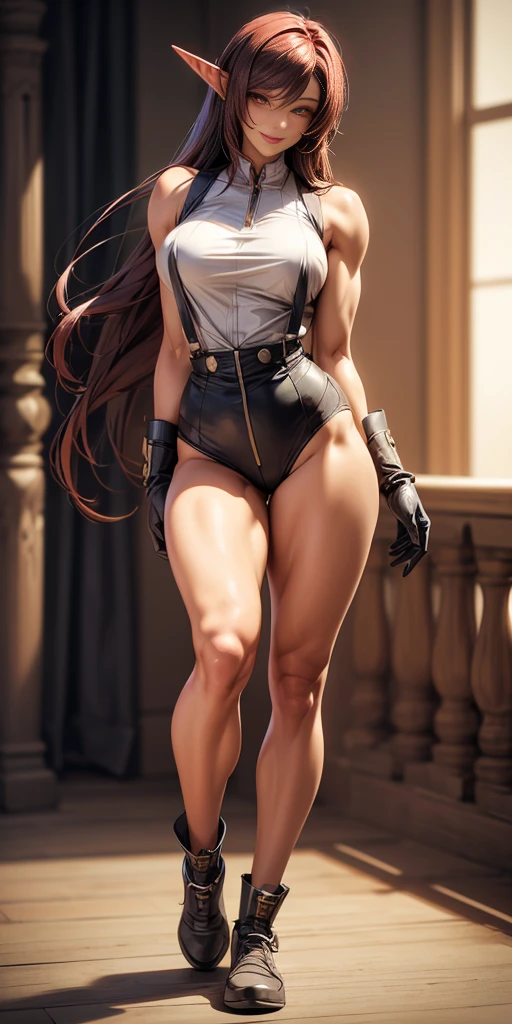 Pirotess dark elf 1sologirl (8k, best quality, masterpiece:1.2) (realistic, photo-realistic:1.37) (full body) 1female solo girl, standing, legs apart (wide stance) standing contrapposto, ultra-detailed, cute (large breasts:1.5) (beautiful detailed eyes) (smile:1.2) (closed mouth) sharp focus, depth of field, good composition, very long straight hair, hair bang ((red eyes)), intricate, bokeh (Tetsuya Nomura style) perfect breasts, white tank top, black thong, suspenders, gloves, stockings, toned body, athletic, wide hips, thin waist, toned arms, exposed abdomen, view from behind