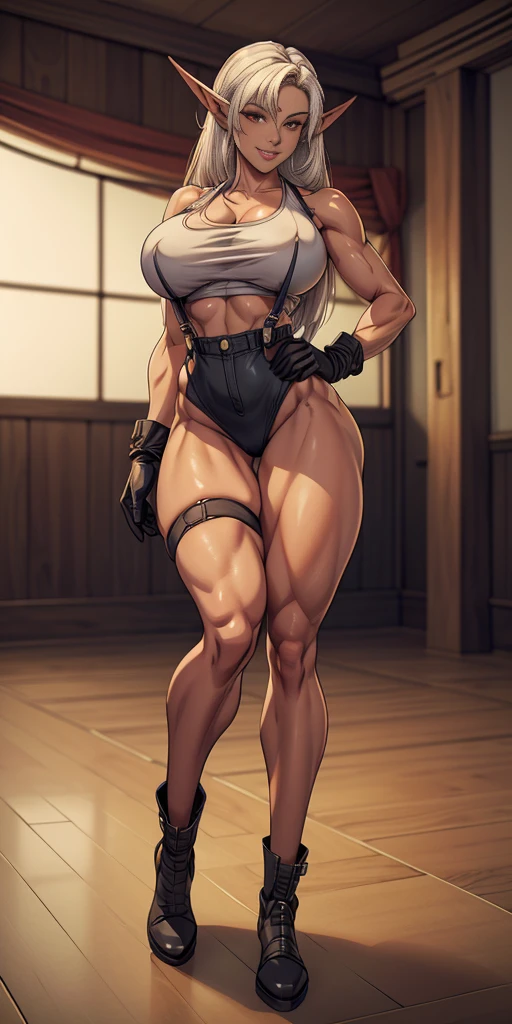 Pirotess dark elf 1sologirl (8k, best quality, masterpiece:1.2) (realistic, photo-realistic:1.37) (full body) 1female solo girl, standing, legs apart (wide stance) standing contrapposto, ultra-detailed, cute (large breasts:1.5) (beautiful detailed eyes) (smile:1.2) (closed mouth) sharp focus, depth of field, good composition, very long straight hair, hair bang ((red eyes)), intricate, bokeh (Tetsuya Nomura style) perfect breasts, white tank top, black thong, suspenders, gloves, stockings, toned body, athletic, wide hips, thin waist, toned arms, exposed abdomen, view from behind