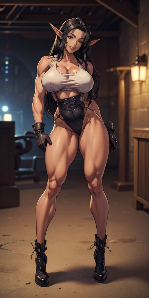 Pirotess dark elf 1sologirl (8k, best quality, masterpiece:1.2) (realistic, photo-realistic:1.37) (full body) 1female solo girl, standing, legs apart (wide stance) standing contrapposto, ultra-detailed, cute (large breasts:1.5) (beautiful detailed eyes) (smile:1.2) (closed mouth) sharp focus, depth of field, good composition, very long straight hair, hair bang ((red eyes)), intricate, bokeh (Tetsuya Nomura style) perfect breasts, white tank top, black thong, suspenders, gloves, stockings, toned body, athletic, wide hips, thin waist, toned arms, exposed abdomen, view from behind
