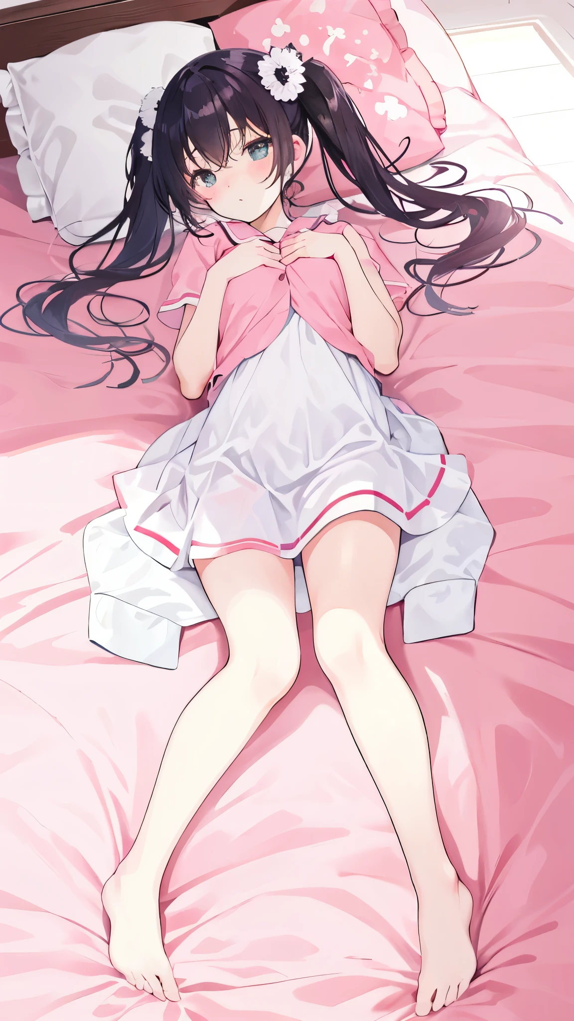 Twin tails,On the bed,((lie on one’s back)),(Embarrassing),full body,(overhead shot)