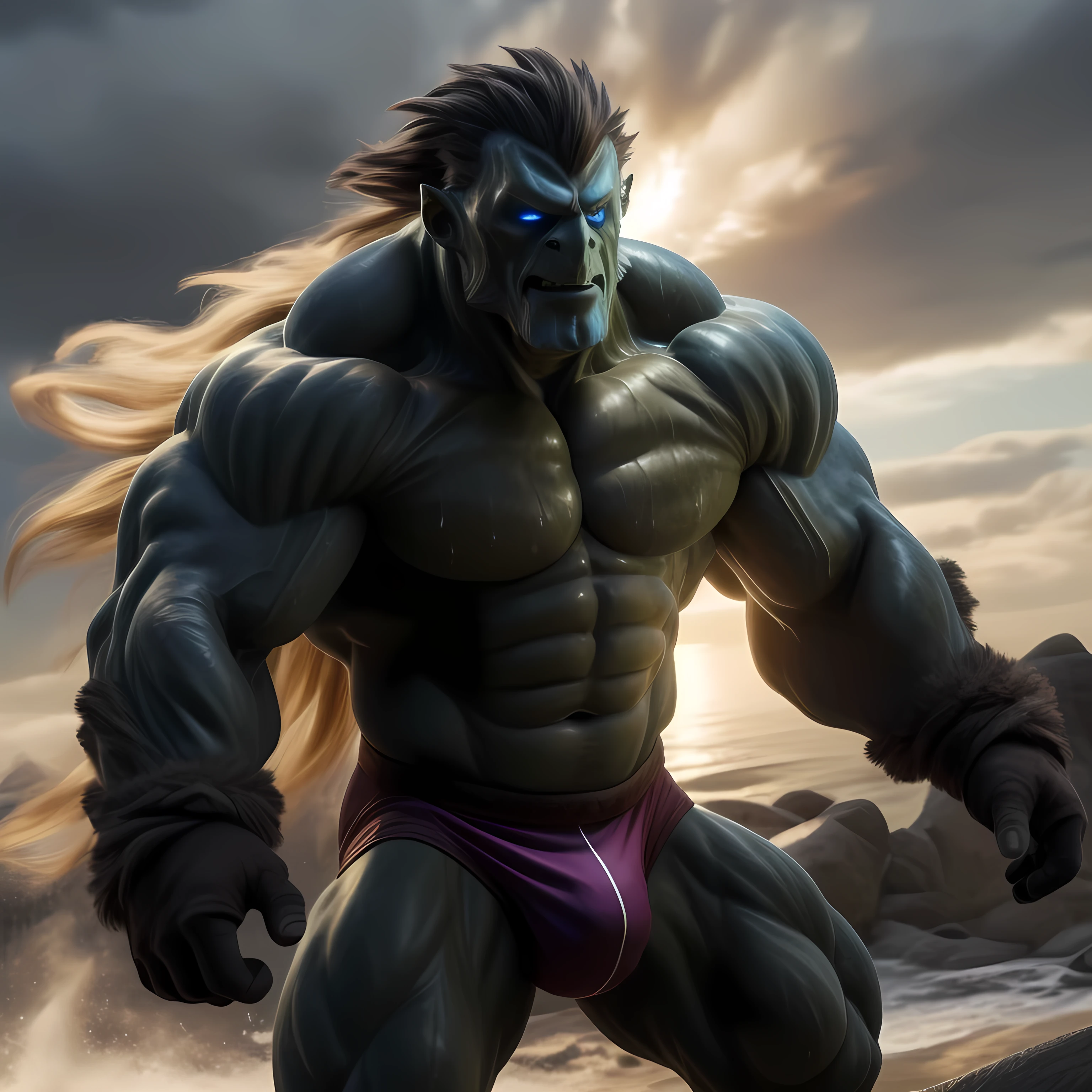 Rendered in ultra high definition, a muscular wind elemental poses confidently inbriefs that cling to his toned form. His rippling muscles gleam with a sheen of sweat, every vein and fiber defined in exquisite detail. His skin is a weathered tan, suggesting long hours spent battling against the elements.
The wind elemental's face is angular and severe, with piercing blue eyes that seem to cut through the very soul. His hair whips around his chiseled jawline, catching the breeze and adding an ethereal quality to his grounded presence. The intricate details of his wind-blown features are accentuated by the dramatic play of light and