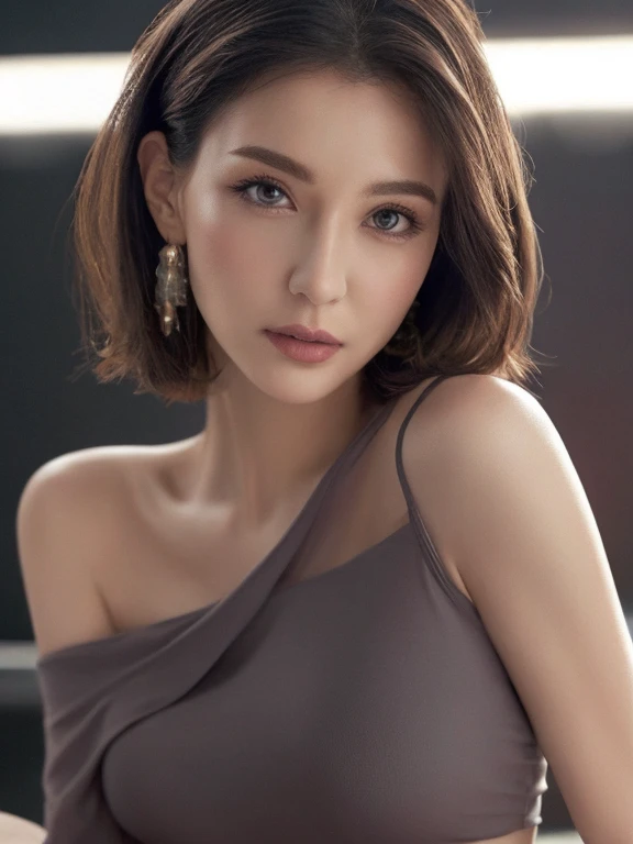 Skin Tight Top:1.2、look at the audience、perfection、High resolution skin:1.2、realistic skin texture、30 year old mature ultra hot woman、sensual seductive face、no makeup、off shoulder、Bust B Cup、Detailed skin texture 、、short hair、dark brown hair、seductive sexy pose、gray background、