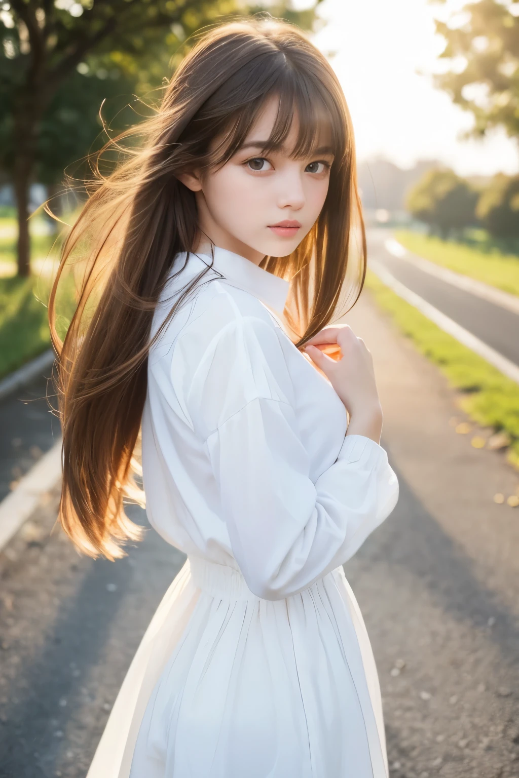 Masterpiece, Top Quality, Fresh Photo, Film Scene, (Walking), Morning Sun, Beautiful Girl, (Delicate Eyes, Cute Lips), Taken from Front, (), (White Clothes, Long Sleeves), Brown Eyes, Bangs, Hair Flowing in Wind, Pale, (Innocent), Light Makeup, (Cute Face), Innocent Girl, Delicate Face, Full Length, Natural Pose