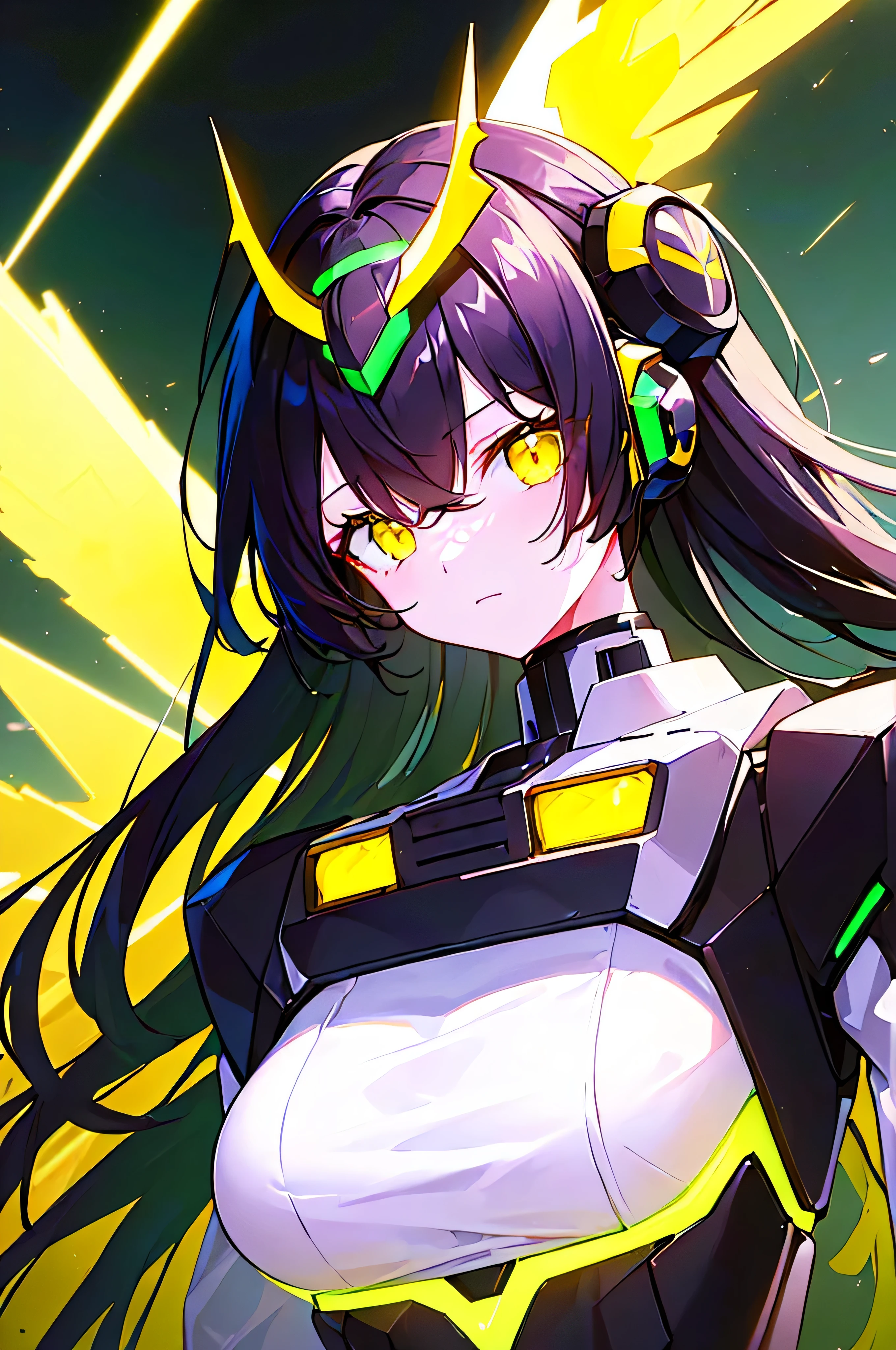 [(ATMOSPHERE SKY:1.5)::5], (((masterpiece))), (upper body), 1girl, ((solo)), Black hair, long hair, yellow eyes, science fiction, (mecha musume:1.3), headgear, Mechanical Devil wing, (neon light yellow), Anime style, (yellow wind effect:1.0)