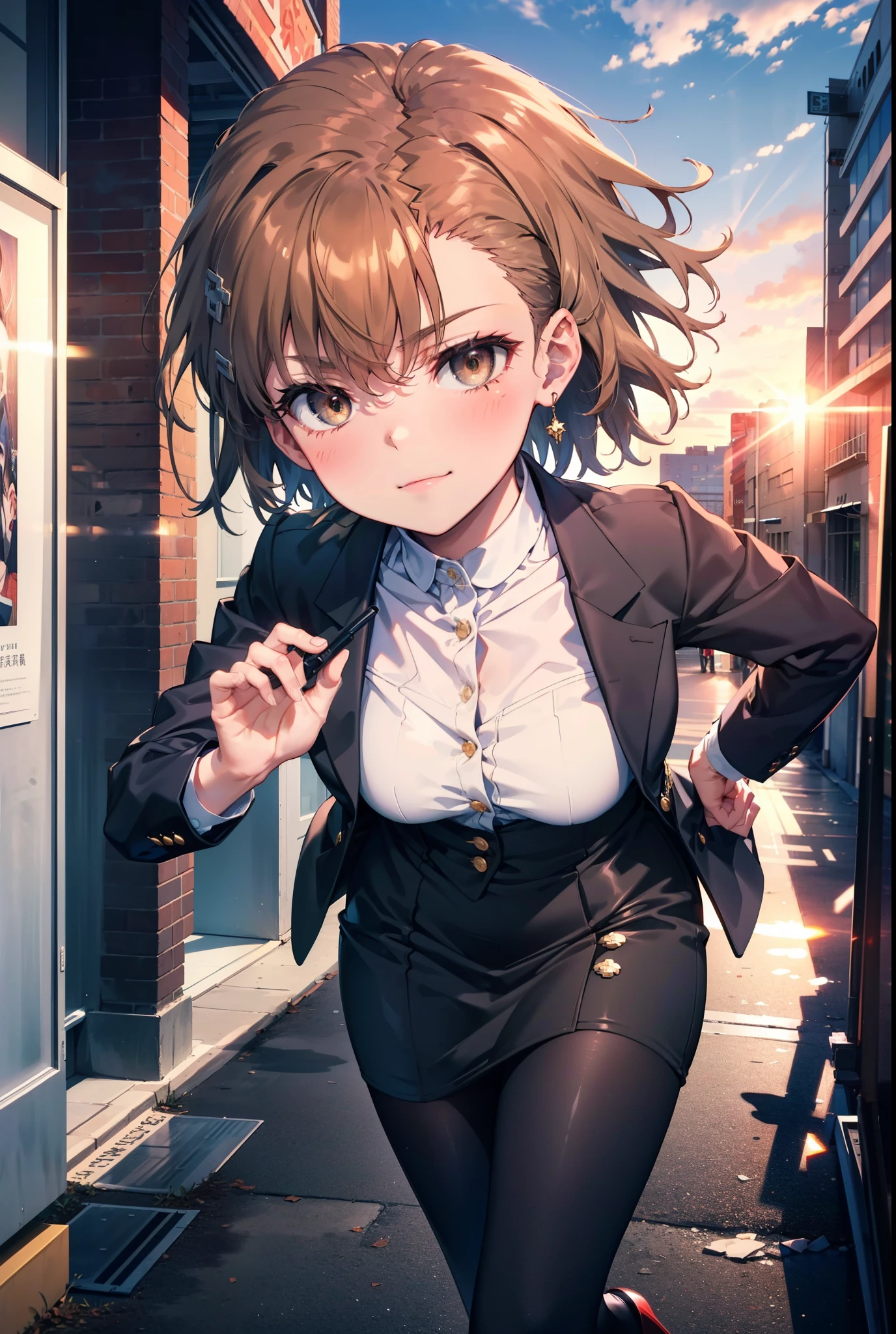 8k,highest quality,masterpiece,(((Pixel Perfect, Perfect in every detail))), 一peopleで, 女の子1people, ,Mycotrose, Brown eyes,Brown Hair,short hair,blush,happy smile, smile, Open your mouth,OL, Black suit jacket, Collared jacket, White dress shirt, Collared shirt, Neckline, button, Black pencil skirt, Black pantyhose,Stiletto heels,sunset,evening,The sun goes down,walking,whole bodyがイラストに入るように,
break outdoors, Building district,crowd, people々々々々,
break looking at viewer, whole body, 
break (masterpiece:1.2), highest quality, High resolution, unity 8k wallpaper, (shape:0.8), (Beautiful details:1.6), Highly detailed face, Perfect lighting, Extremely detailed CG, (Perfect hands, Perfect Anatomy),