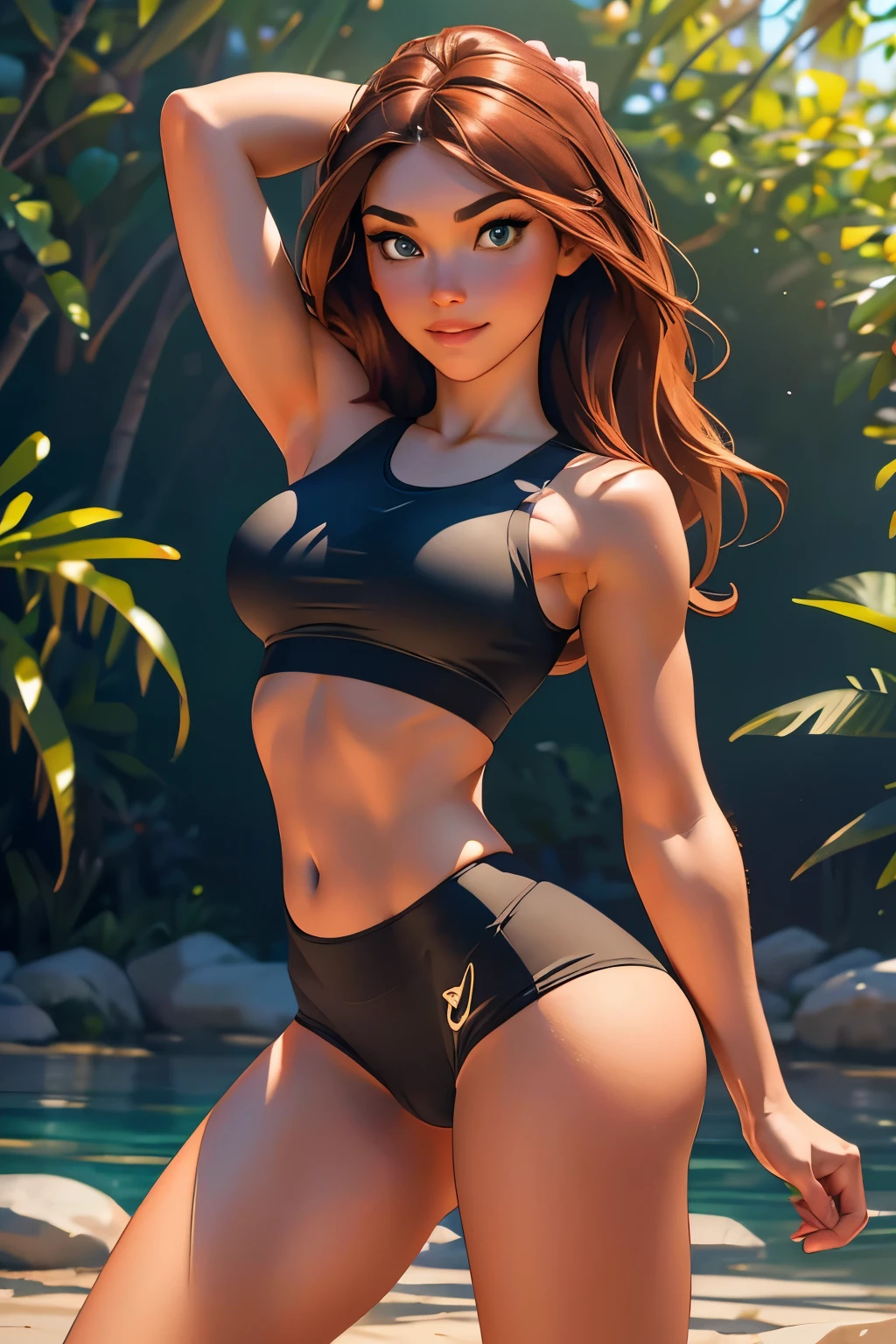 Masterpiece, raw, beautiful art, professional artist, 8k, very detailed face, very detailed hair, 1girl, Kim Possible, wearing tight yoga shorts and sports bra, no labels, no branding, cameltoe, exercising, stretching, yoga poses, perfectly drawn body, beautiful face, long hair, very detailed eyes, smiling, rosey cheeks, intricate details in eyes, puckered lips, perfect fit body, beautiful body, extremely detailed, intricate details, highly detailed, sharp focus, detailed skin, realistic skin texture, texture, detailed eyes, high resolution, kodak vision color, foto_\(ultra\), post-processing, maximum detail, roughness, real life, ultra realistic, photorealism, photography, absurdres, RAW photo, highest quality, high detail RAW color photo, professional photo, extremely detailed UHD 8k wallpaper unit, best quality, highres, (masterpiece, top quality, high resolution:1.4), photo, cinematic, film grain, sharp, soft natural light, magic photography, super detailed