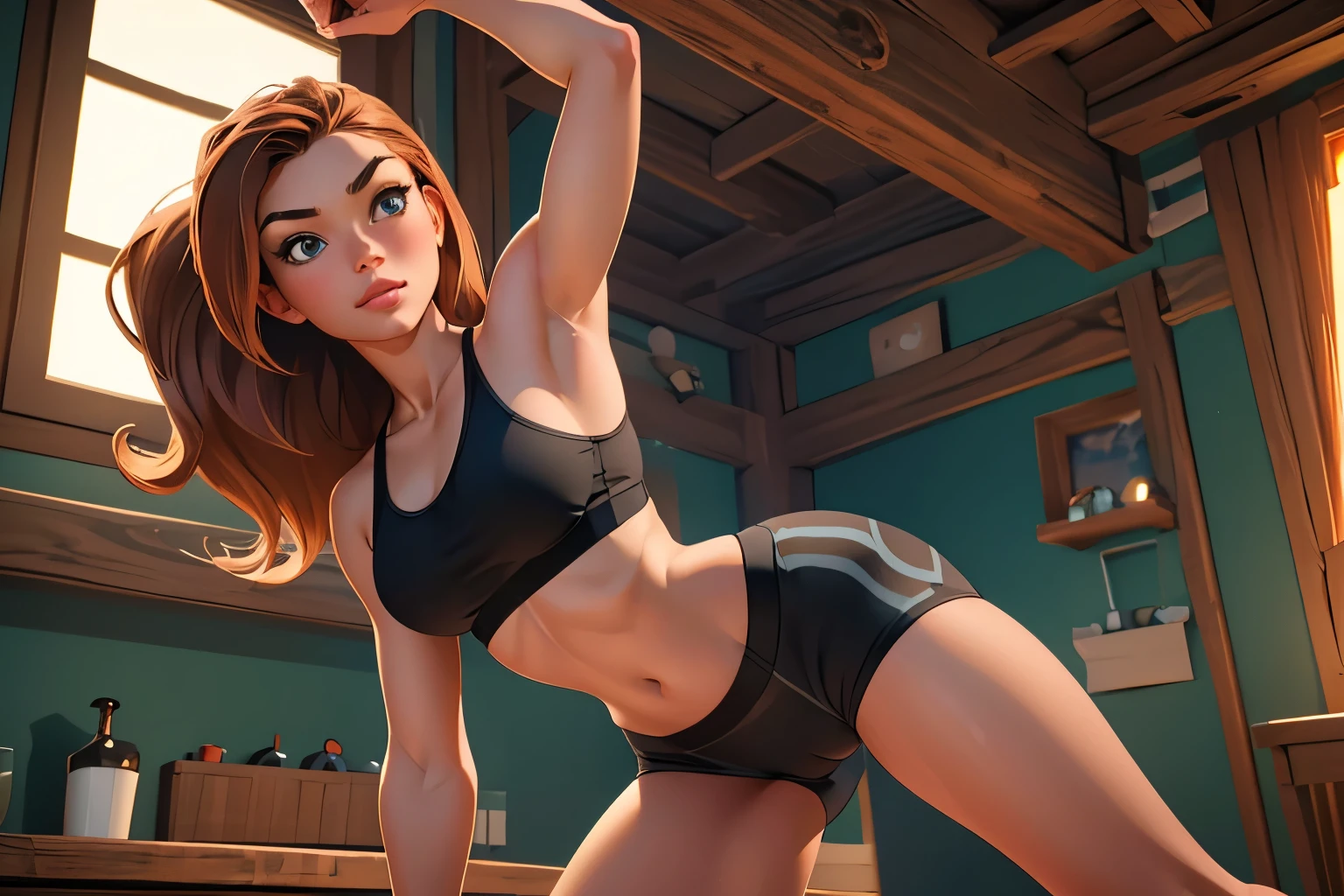 Masterpiece, raw, beautiful art, professional artist, 8k, very detailed face, very detailed hair, 1girl, Kim Possible, wearing tight yoga shorts and sports bra, no labels, no branding, cameltoe, exercising, stretching, yoga poses, perfectly drawn body, beautiful face, long hair, very detailed eyes, smiling, rosey cheeks, intricate details in eyes, puckered lips, perfect fit body, beautiful body, extremely detailed, intricate details, highly detailed, sharp focus, detailed skin, realistic skin texture, texture, detailed eyes, high resolution, kodak vision color, foto_\(ultra\), post-processing, maximum detail, roughness, real life, ultra realistic, photorealism, photography, absurdres, RAW photo, highest quality, high detail RAW color photo, professional photo, extremely detailed UHD 8k wallpaper unit, best quality, highres, (masterpiece, top quality, high resolution:1.4), photo, cinematic, film grain, sharp, soft natural light, magic photography, super detailed