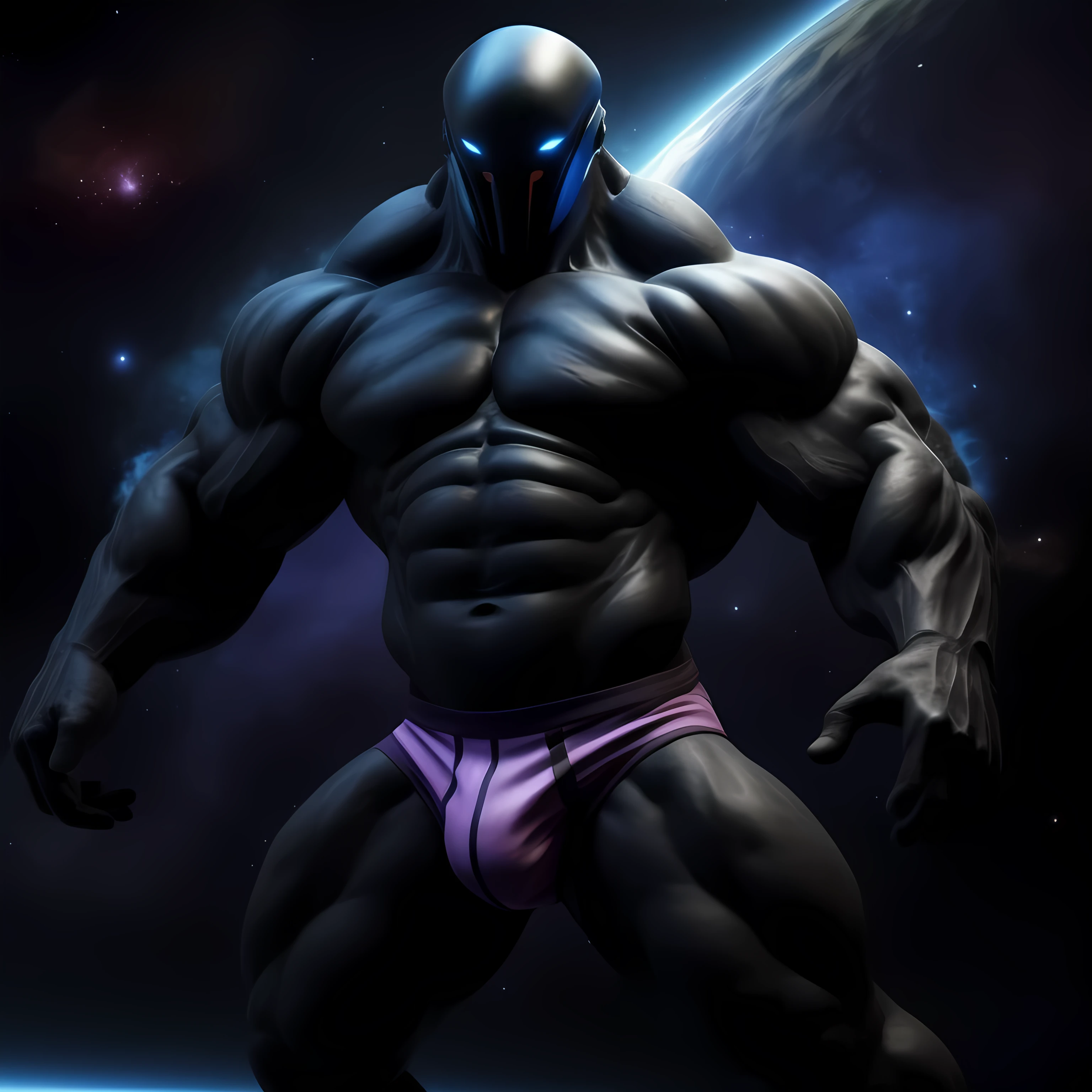 In this visually stunning and ultra detailed rendering, a muscular space elemental comes to life in sleek, fitted briefs. His sculpted physique radiates power and strength, as intricately textured muscles ripple and undulate across his form. His elemental essence is captured in dynamic detail, with ethereal energy swirling around his body, illuminating the dark recesses of space. The briefs themselves are a masterpiece in realism, their seamless texture and lifelike sheen adding an extra layer of visual appeal to this trending, high quality piece of digital art.