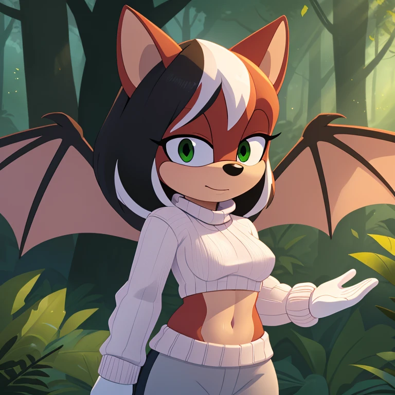 sonic_(series), red bat, (((mobian))), ((thin body, supermodel figure, thin)), (wings, batwings) (black hair, (red fur), (pixie cut, (white highlights)), ((green eyes)), medium breasts, (white sweater, blue trackpant, white gloves), forest background, trees, foliage, cute, masterpiece, 4k, high quality, studio quality, detailed, insanely detailed, extreme detail, refined detail, perfect detail, max detail