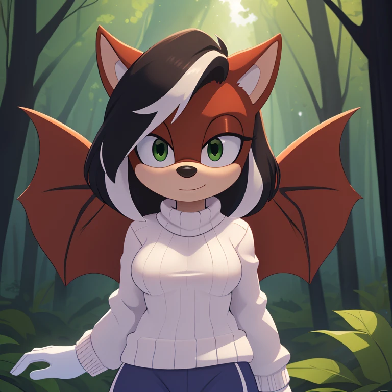 sonic_(series), red bat, (((mobian))), ((thin body, supermodel figure, thin)), (wings, batwings) (black hair, (red fur), (pixie cut, (white highlights)), ((green eyes)), medium breasts, (white sweater, blue trackpant, white gloves), forest background, trees, foliage, cute, masterpiece, 4k, high quality, studio quality, detailed, insanely detailed, extreme detail, refined detail, perfect detail, max detail