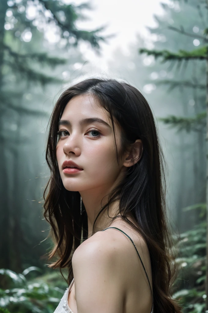 ( masterpiece, top quality, best quality,8k,17 years old girl,ultra detailed,raw photo:1.5),(photorealistic:1.4),(cinematic lighting), PerfectNwsjMajic, , Surrealism, UHD, ccurate, Super detail, textured skin, High detail, Best quality, dynamic angle, (high nose,White skin),[Beautiful blue eyes],[flat chest:large breasts:0.5],(1girl),(good anatomy:0.5)), shiny skin,detailed skin,detailed face,detailed eyes, beautiful japanese girl, in the deep forest, (fog:1.2), raining, puddle, mist, water, pour down, many trees, upper body
