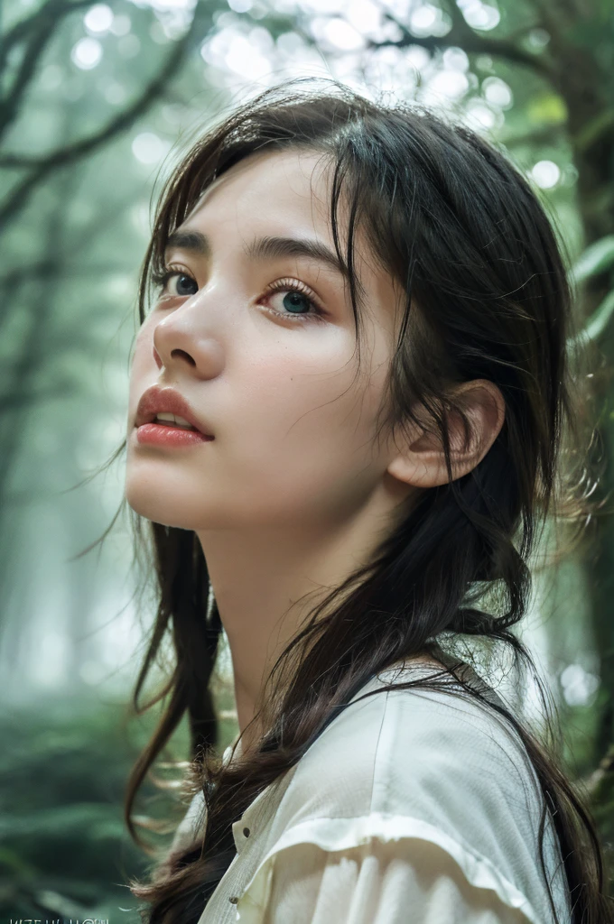 ( masterpiece, top quality, best quality,8k,17 years old girl,ultra detailed,raw photo:1.5),(photorealistic:1.4),(cinematic lighting), PerfectNwsjMajic, , Surrealism, UHD, ccurate, Super detail, textured skin, High detail, Best quality, dynamic angle, (high nose,White skin),[Beautiful blue eyes],[flat chest:large breasts:0.5],(1girl),(good anatomy:0.5)), shiny skin,detailed skin,detailed face,detailed eyes, beautiful japanese girl, in the deep forest, (fog:1.2), raining, puddle, mist, water, pour down, many trees, upper body