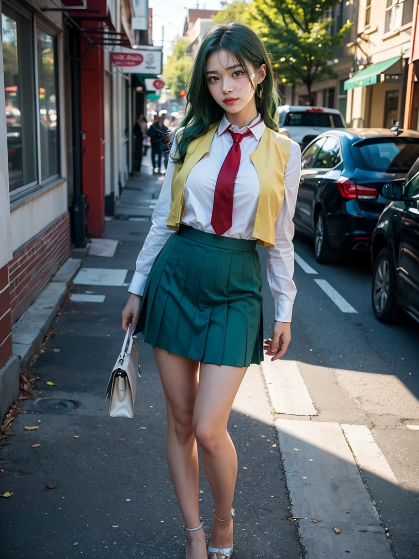 (1 lady), (Best quality at best:1.4), (ultra - detailed), (extremely detailed CG unified 16k), A Beautiful Woman with Perfect Figure: 1.4, Sharp Focus: 1.2, very detailed, High-definition RAW color photo, professional photoshooting, amazing face and eyes, cosmetics, (amazingly beautiful girl), ((Mion Sonozaki)), ((white shirt, red necktie, yellow vest, red skirt)), standing, sexyposture，(Stylish urban landscape, day light), (look from down), realistic cinematic face, head to feet long wide zoomed out view, full body long view, photorealistic, ((realistic natural green hair style, green eyes, long hair)), gorgeous, extremely beautiful face, perfect model beauty, pout mouth, Highly Detailed Face and Skin Texture, Detailed Eyes, Double Eyelids, Big Breasts, Smile, cleavages, western, (masterpiece), best quality, high resolution, extremely detailed, detailed background, depth of field, cinematic lighting, amazing legs, clear and well-cared skin, (((woman occupies most of the picture)))