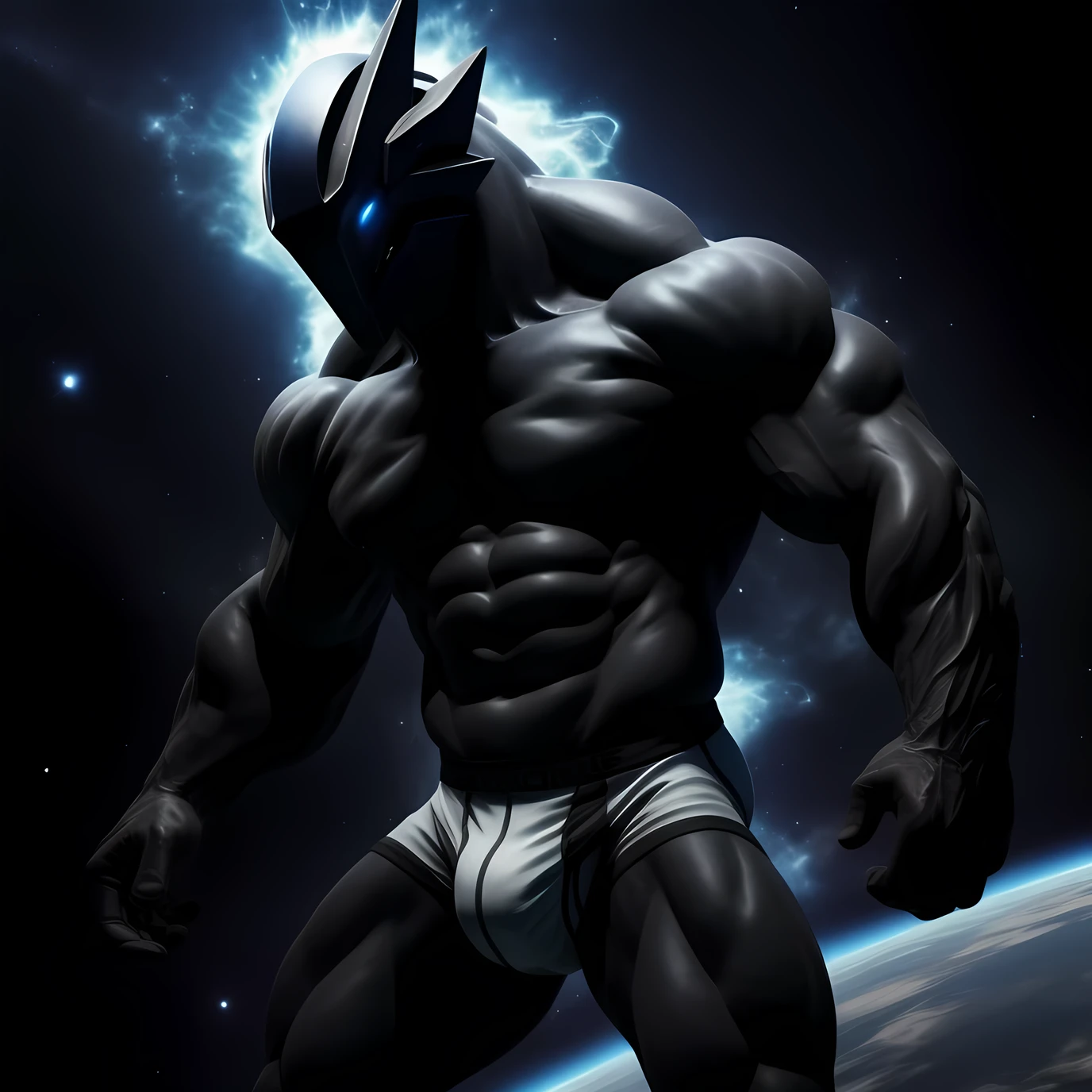 In this visually stunning and ultra detailed rendering, a muscular space elemental comes to life in sleek, fitted briefs. His sculpted physique radiates power and strength, as intricately textured muscles ripple and undulate across his form. His elemental essence is captured in dynamic detail, with ethereal energy swirling around his body, illuminating the dark recesses of space. The briefs themselves are a masterpiece in realism, their seamless texture and lifelike sheen adding an extra layer of visual appeal to this trending, high quality piece of digital art.