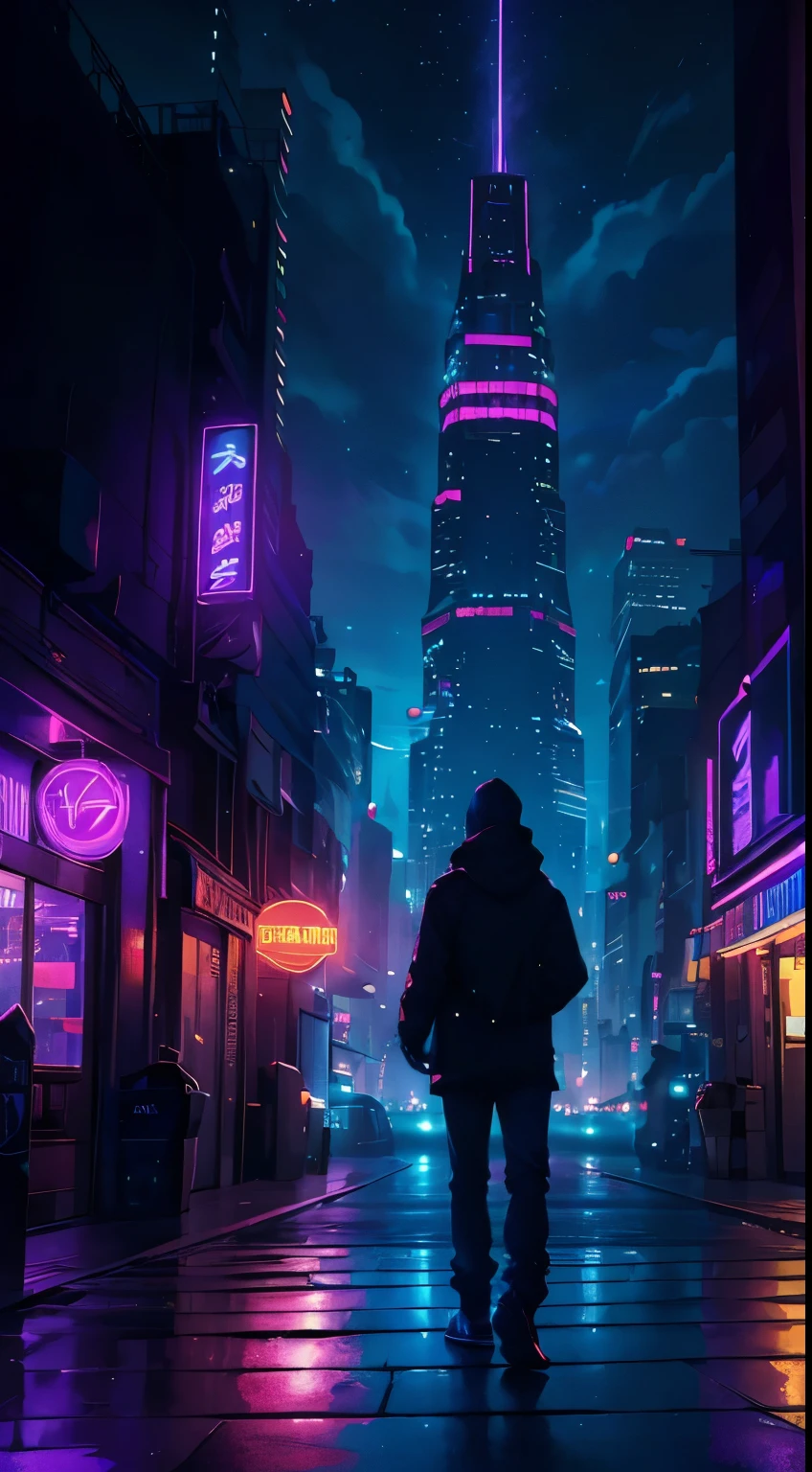 (best quality,4k,8k,highres,masterpiece:1.2),ultra-detailed,(realistic,photorealistic,photo-realistic:1.37),landscape,neon style,purple,navy blue,lilac,red lights,reflection,night city,bustling streets,futuristic buildings,metropolis vibes,magical atmosphere,dreamy clouds,palm trees silhouettes,glowing signs,shimmering water,mysterious shadows,nightlife district,passionate energy,hustle and bustle,inviting alleyways,enchanted feeling,star-filled sky,vibrant colors,dynamic composition,electric ambiance,dazzling cityscape,neon glow,urban charm,awe-inspiring view,serene river,majestic skyline,modern architecture,nighttime enchantment,immersive experience,captivating scenery,ethereal beauty,striking contrasts,dim lighting effects,endless possibilities. straight path, symmetric proportion