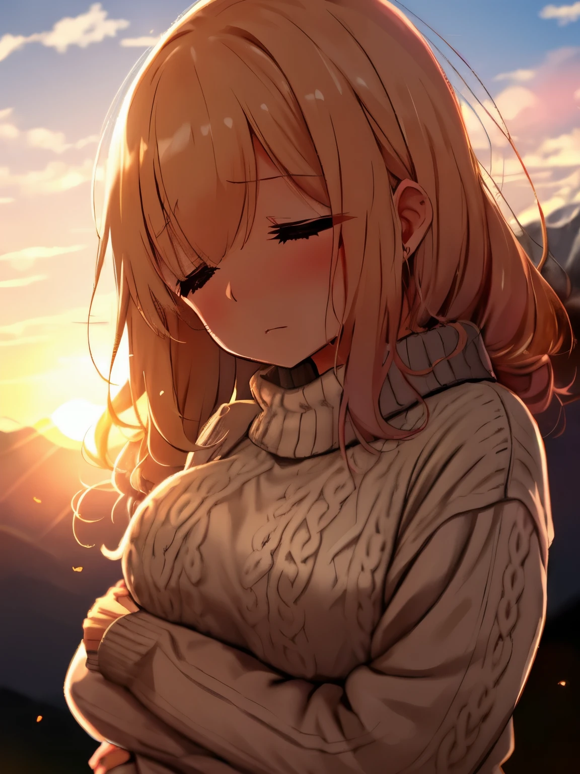 a girl, cosy sweater on, upper body, ( sad:1.1), (sleeping in her boyfriend's arm :1.1), (wide open eyes:1.2), sun set, bokeh, depth of field, blurry background, in the mountains, strong wind, (heart particles:1.1)
