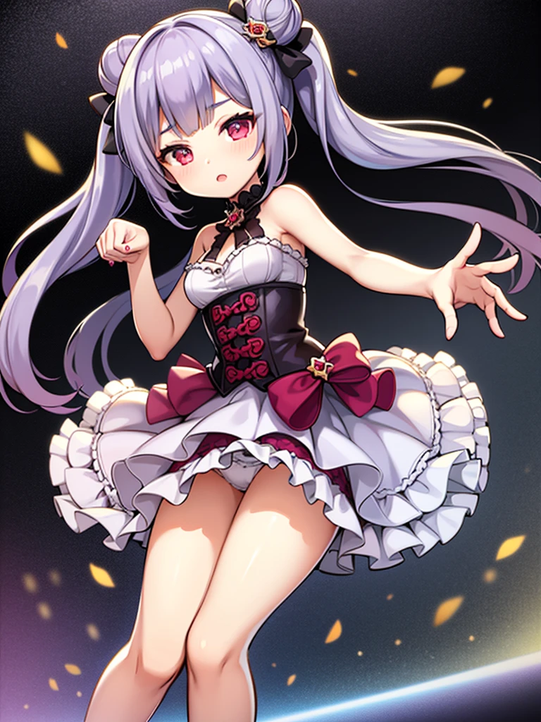 highest quality, High resolution, Detailed Background, Beautiful and dense face, Beautiful, smooth skin, Skin Texture, Cute 25 year old beauty, solo,1 gitl,Realistic, small breasts, cleavage, happy, paw pose, round and large eyes,Purple, black and white idol dress, The top is elegant with a corset style, Short Skirt,Layer white ruffles on the underskirt, {{Purple Hair, curl outward twin tails , blunt bangs, sidelock, double hair buns, Red eyes}}, {Dynamic Angle, front view, blush, hair ornaments}, (8k unity wallpaper, highest quality), {Perfect hands},The background is inspired by Halloween,bokeh, chibi character,