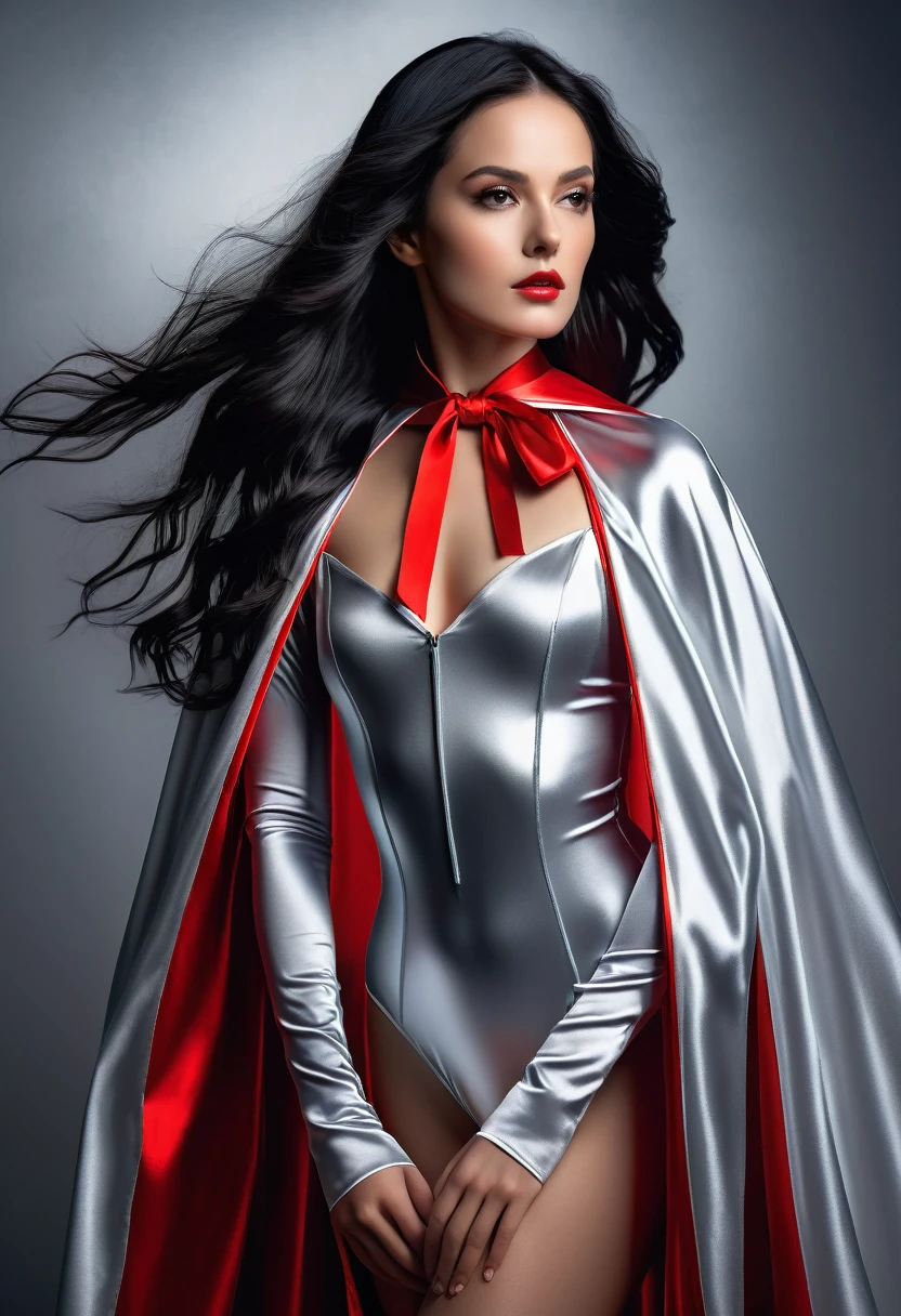(RAW photo, best quality, masterpiece, ultra-detailed, high res), (realistic),(extremely delicate and beautiful:1), mesmerizing picture of beautiful girl with long black hair , wearing a long silver and red lined satin cape tied at the neck with a ribbon , silver leotard , highly detailed, extremely high-resolution details, photographic, realism pushed to extreme, fine texture, 4k, ultra-detailed, high quality, high contrast