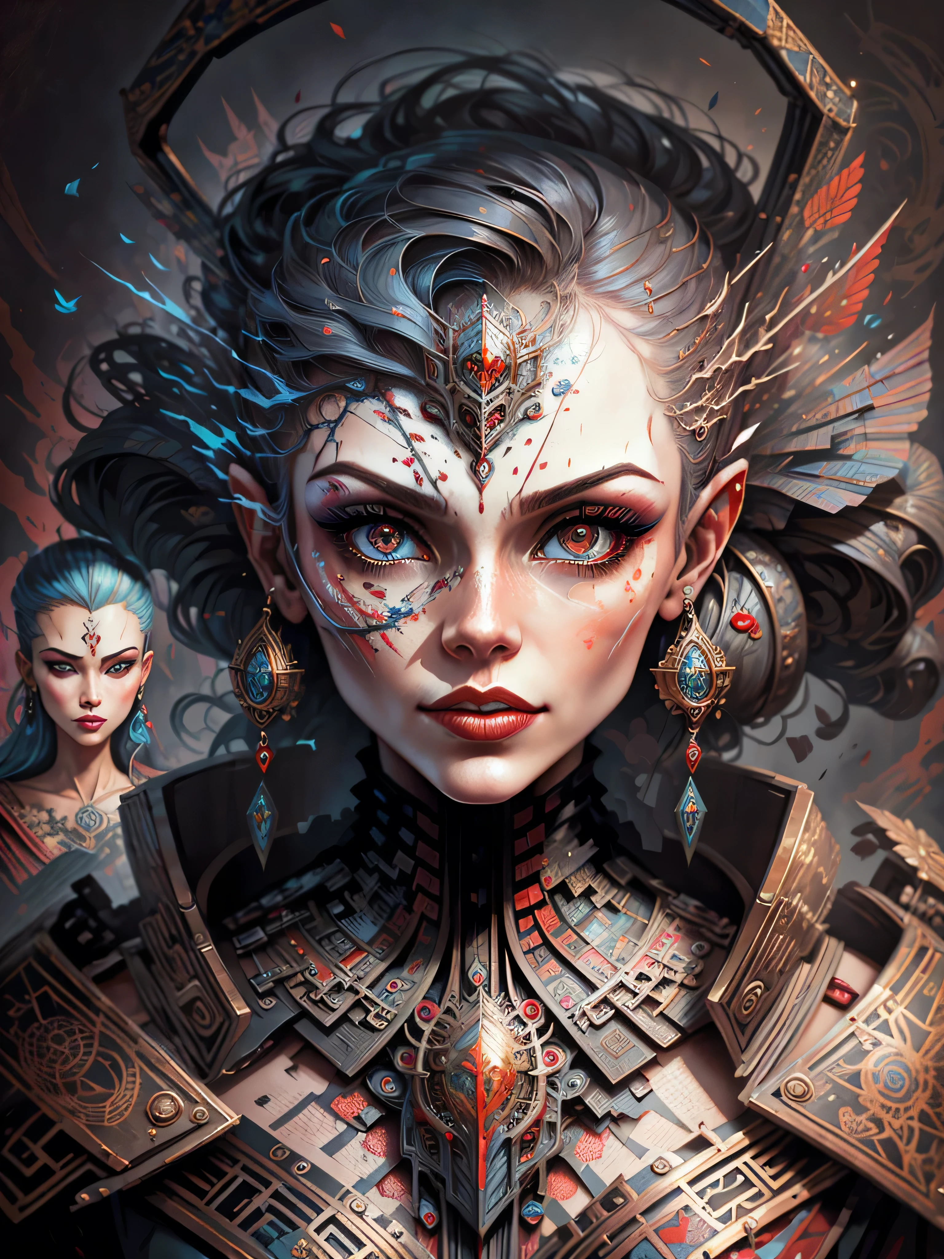 painting of three women with different makeup looks and hair, detailed face with red lips, beauty woman with detailed faces, stunning artwork, eyes and lips, by Hristofor Žefarović, inspired by Sandra Chevrier, beautiful artwork, amazing art, inspired by Nick Gentry, beautiful art uhd 4 k, by Galen Dara, gorgeous art, stunning art