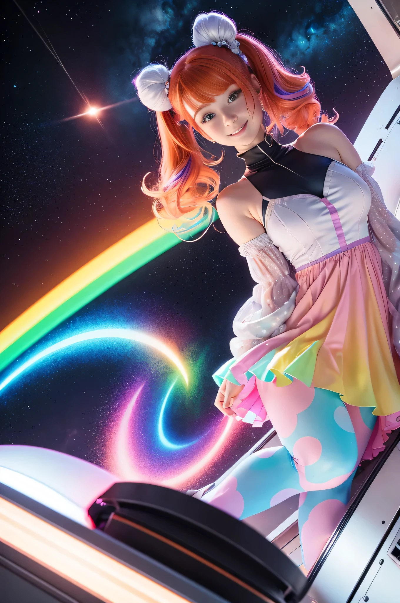 (overhead view) Cute redhead with rainbow colored hair tips, ribbons in her hair, 18-year-old woman, happy, smiling, in twin tails, perfect eyes, clear sparkling blue eyes, pale skin, silky smooth white skin, alabaster skin, flying a fancy metal luxurious space ship, futuristic cockpit, she's a pilot, outer space seen in windows, dark warm lighting, wearing a futuristic dress, low cut top, pleated (chemise) mini dress (pastel rainbow colors, and polka dots), puffy sleeves silk, wearing colorful leggings/tights.