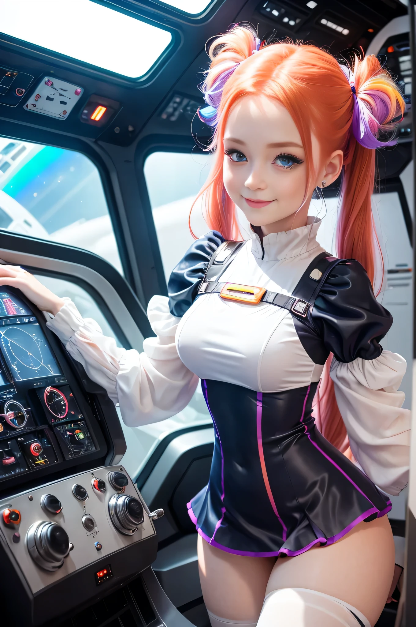 (overhead view) Cute redhead with rainbow colored hair tips, ribbons in her hair, 18-year-old woman, happy, smiling, in twin tails, perfect eyes, clear sparkling blue eyes, pale skin, silky smooth white skin, alabaster skin, flying a fancy metal luxurious space ship, futuristic cockpit, she's a pilot, outer space seen in windows, dark warm lighting, wearing a futuristic dress, low cut top, pleated (chemise) mini dress (pastel rainbow colors, and polka dots), puffy sleeves silk, wearing colorful leggings/tights.