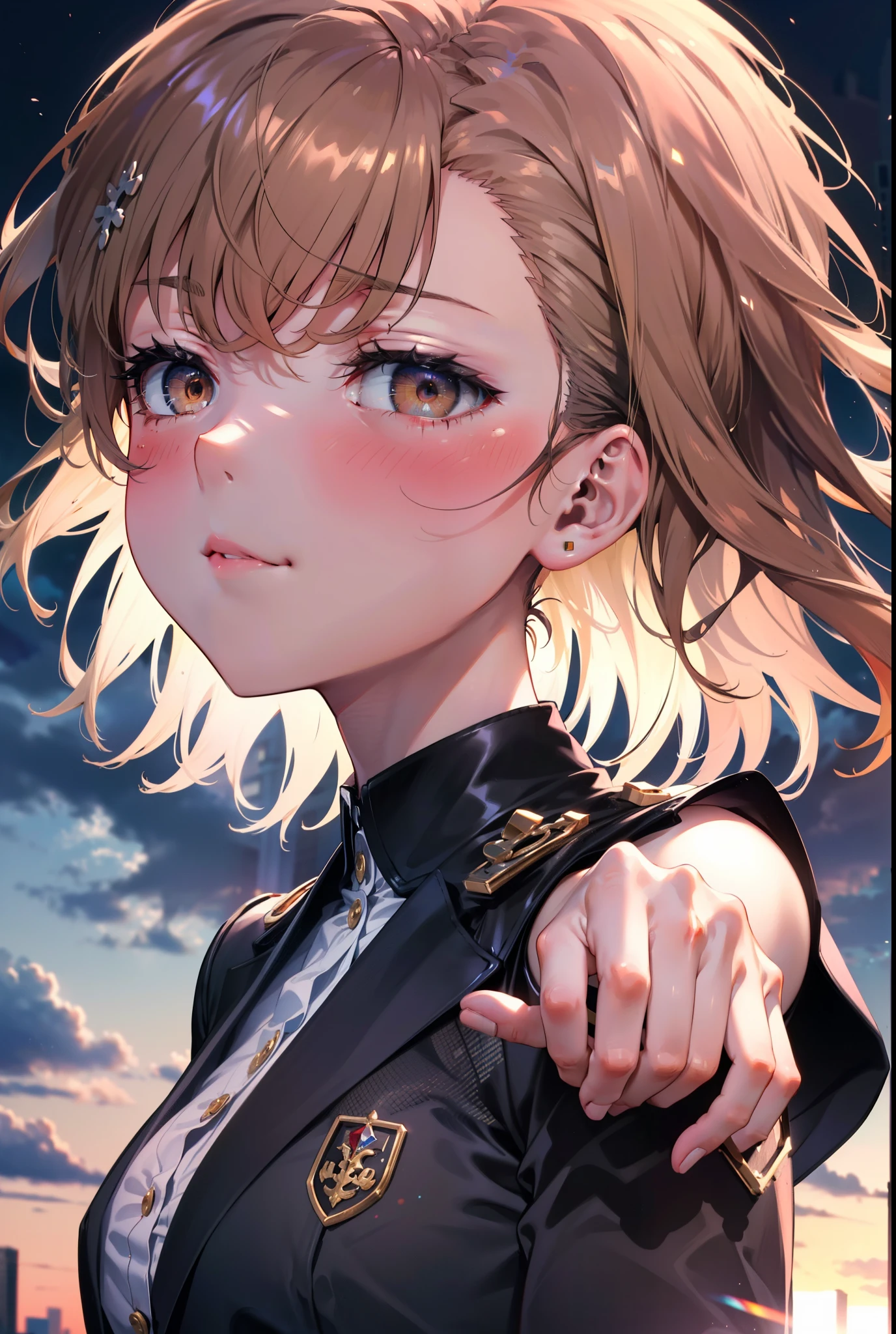 8k,highest quality,masterpiece,(((Pixel Perfect, Perfect in every detail))), 一peopleで, 女の子1people, ,Mycotrose, Brown eyes,Brown Hair,short hair,blush,happy smile, smile, Open your mouth,OL, Black suit jacket, Collared jacket, White dress shirt, Collared shirt, Neckline, button, Black pencil skirt, Black pantyhose,Stiletto heels,sunset,evening,The sun goes down,walking,whole bodyがイラストに入るように,
break outdoors, Building district,crowd, people々々々々,
break looking at viewer, whole body, 
break (masterpiece:1.2), highest quality, High resolution, unity 8k wallpaper, (shape:0.8), (Beautiful details:1.6), Highly detailed face, Perfect lighting, Extremely detailed CG, (Perfect hands, Perfect Anatomy),